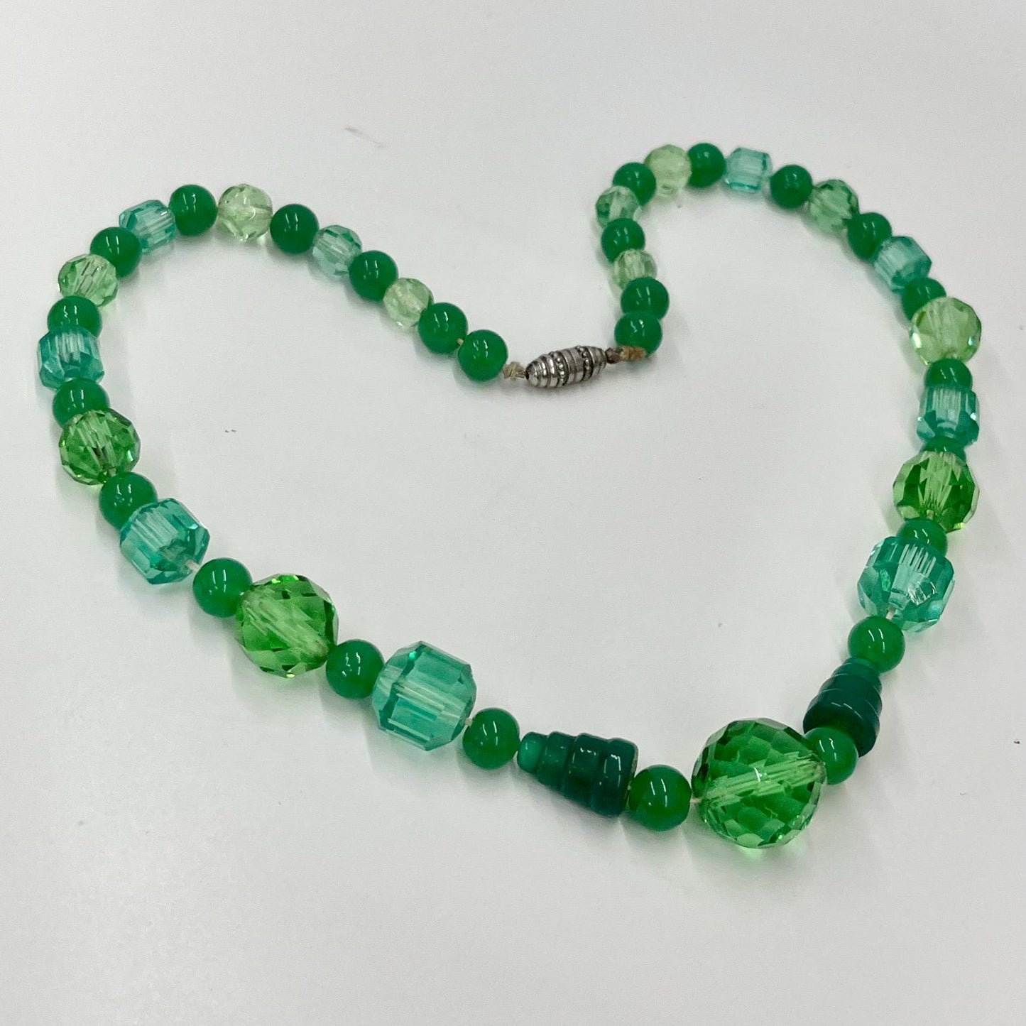Vintage Green & Teal Faceted Glass Manganese Bead Necklace Green UV Reactive Glow Jewellery 17” TheGreenGlassGemShop