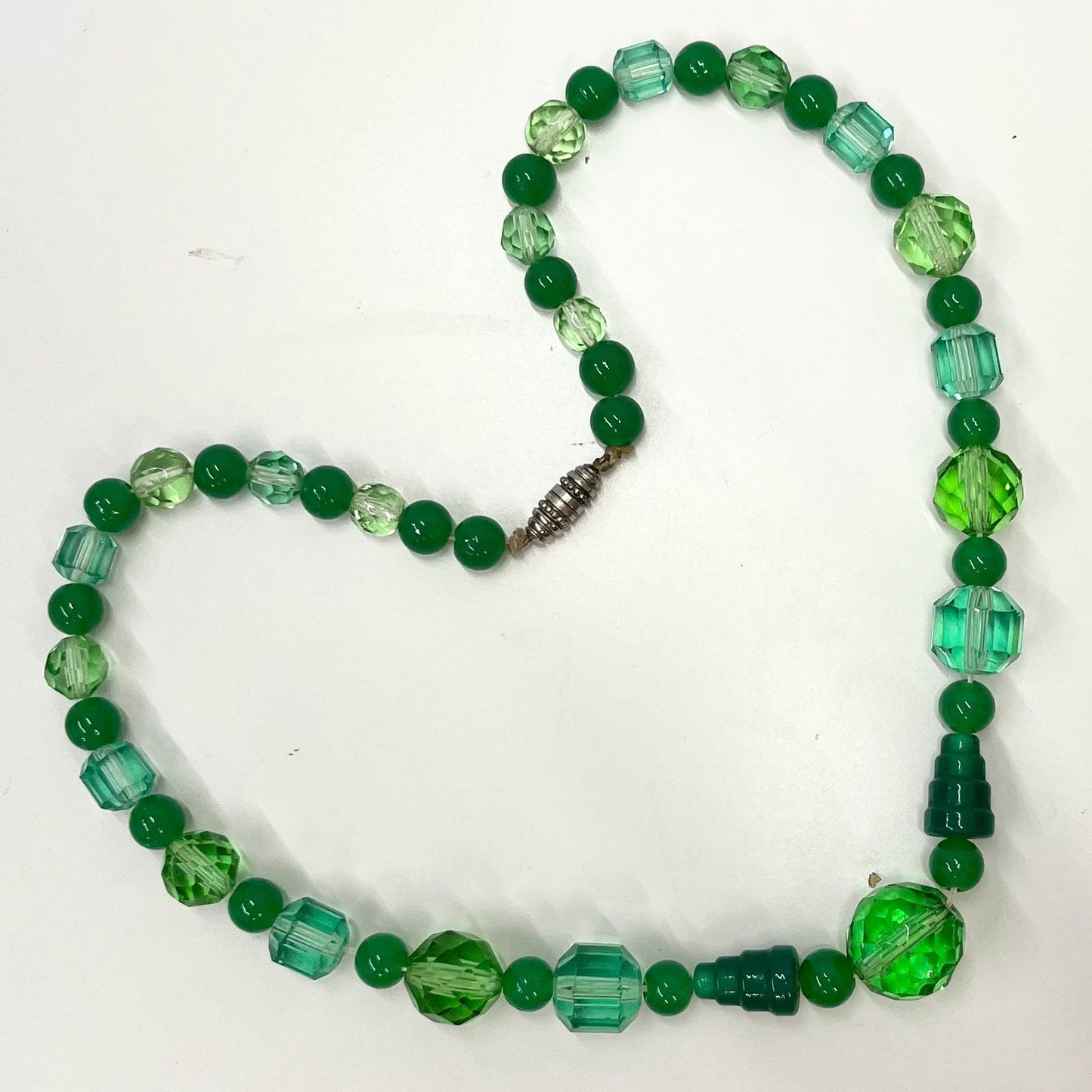 Vintage Green & Teal Faceted Glass Manganese Bead Necklace Green UV Reactive Glow Jewellery 17” TheGreenGlassGemShop
