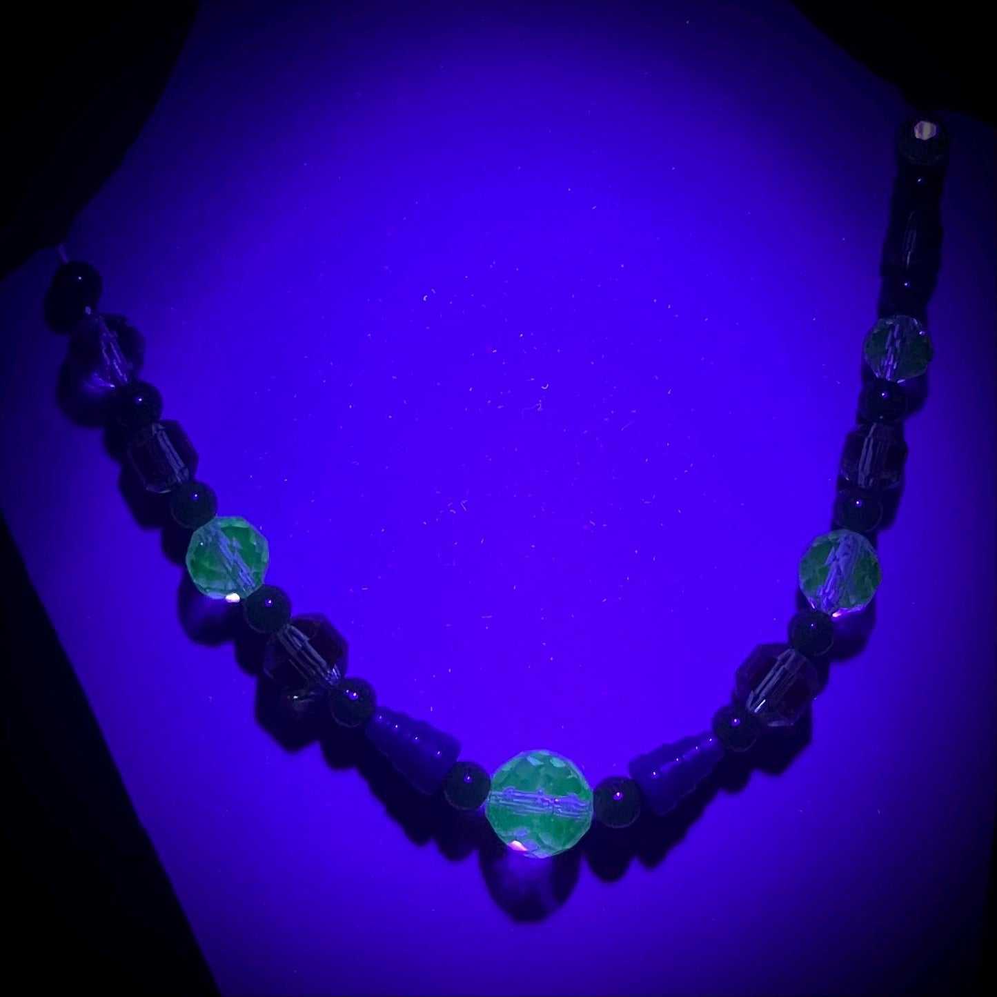 Vintage Green & Teal Faceted Glass Manganese Bead Necklace Green UV Reactive Glow Jewellery 17” TheGreenGlassGemShop