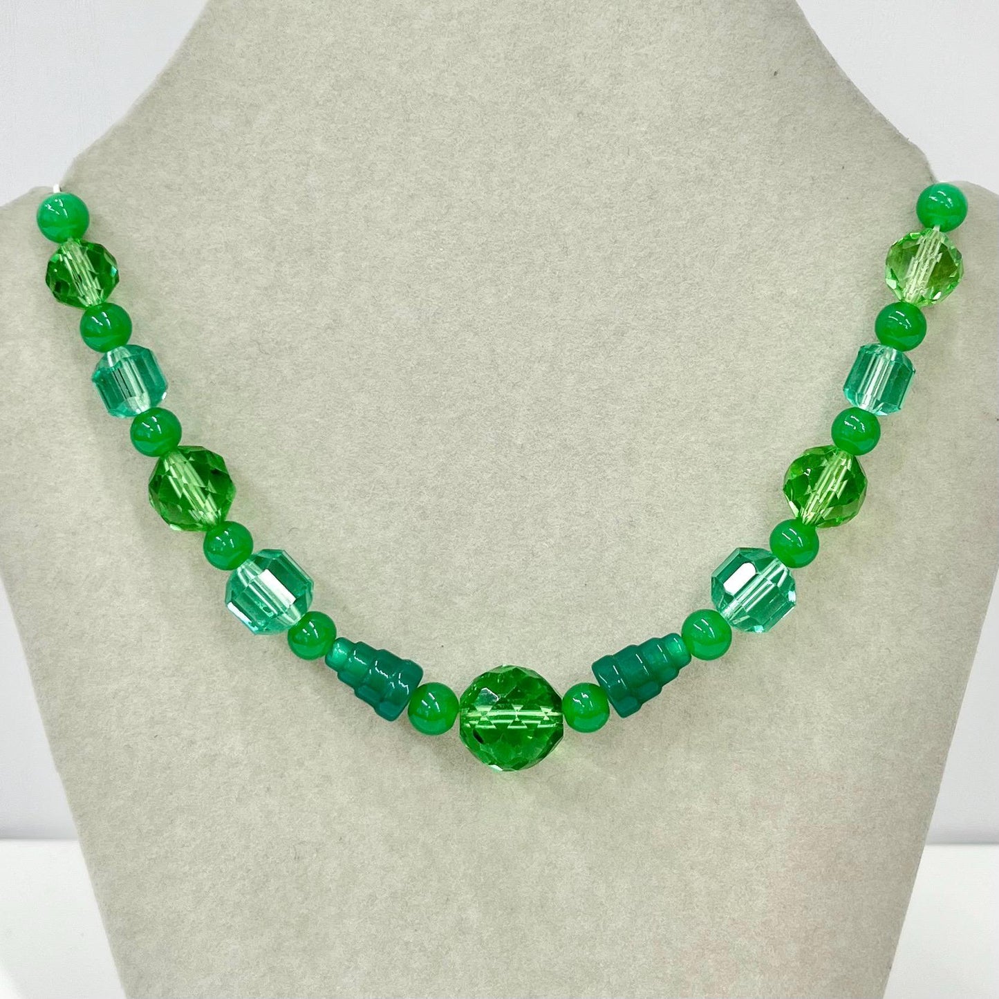 Vintage Green & Teal Faceted Glass Manganese Bead Necklace Green UV Reactive Glow Jewellery 17” TheGreenGlassGemShop
