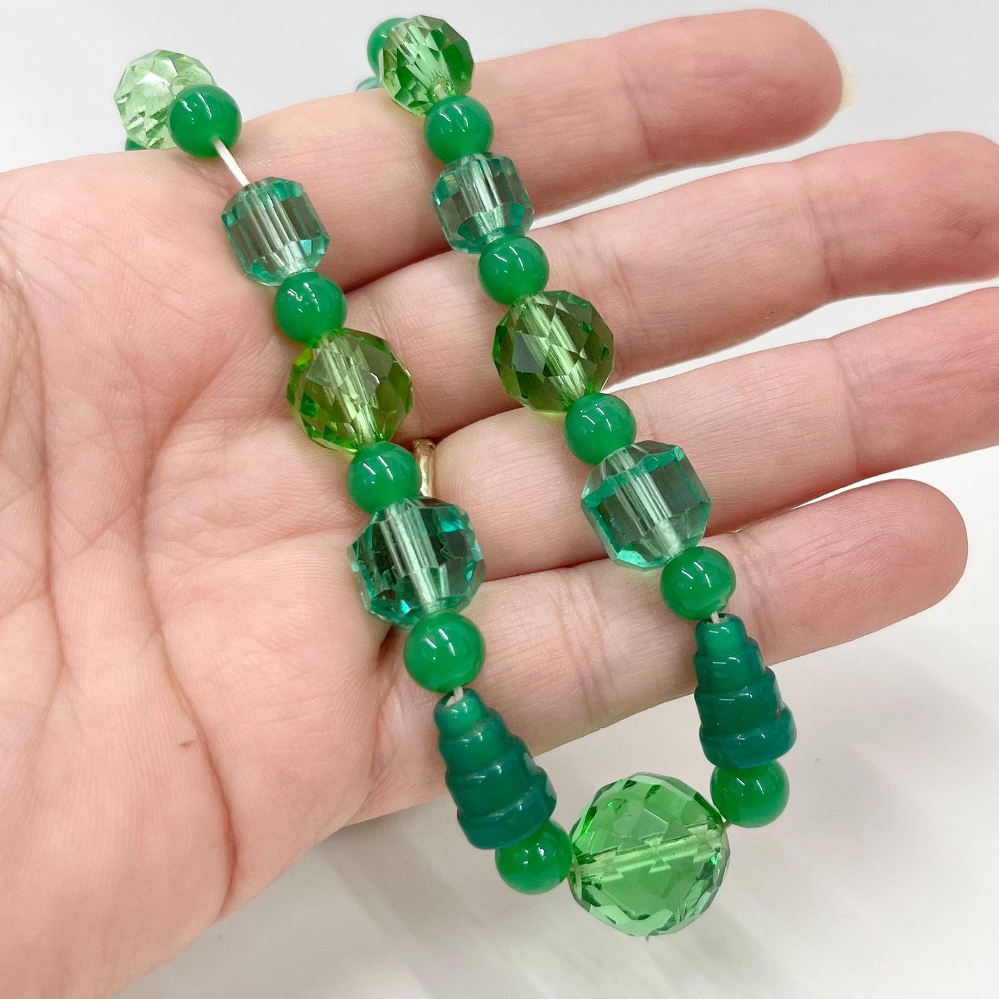 Vintage Green & Teal Faceted Glass Manganese Bead Necklace Green UV Reactive Glow Jewellery 17” TheGreenGlassGemShop