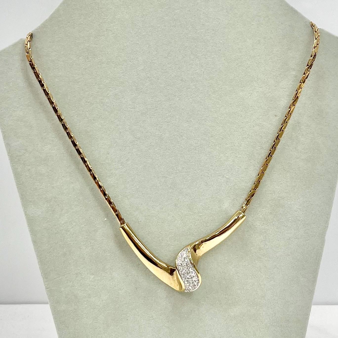 Vintage Gold Plate Ribbon Twist Diamante Chain Collar Necklace 1970’s - 1980’s Statement Power Chain TheGreenGlassGemShop