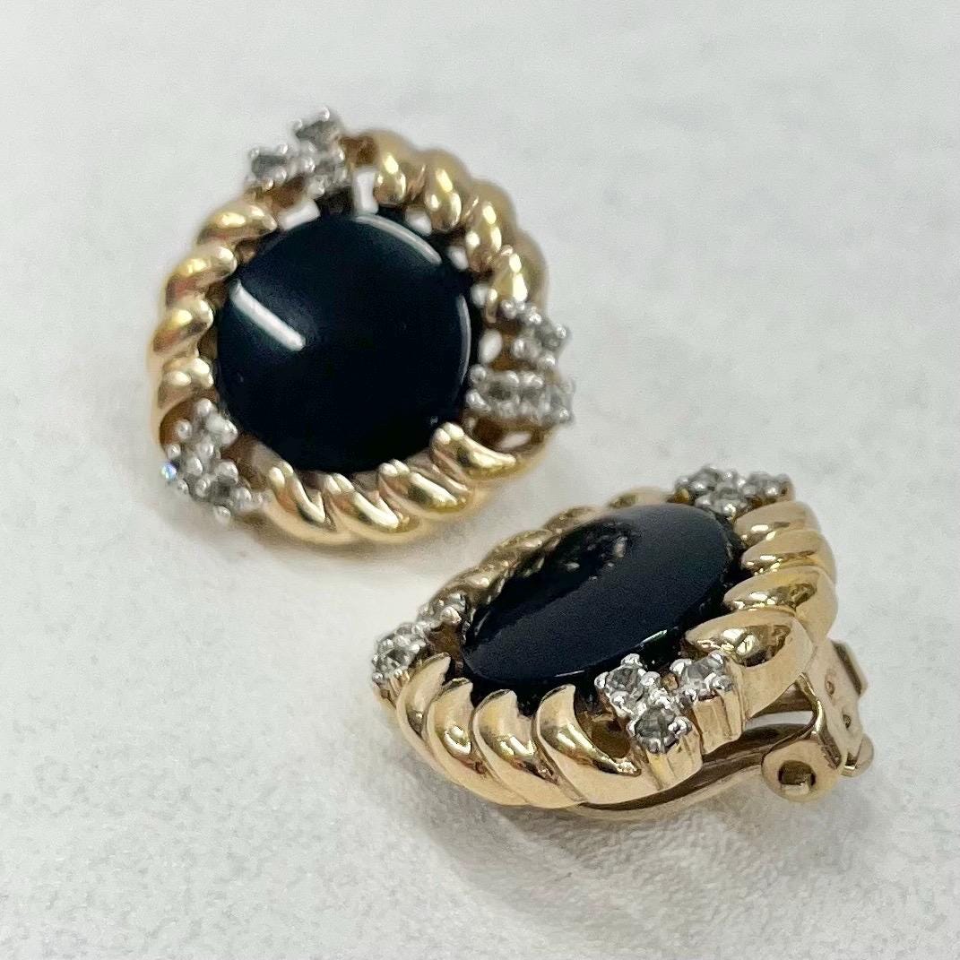Vintage Designer Panetta Gold Tone Black Cabochon Clip On Earrings with a Clear Crystal Accents TheGreenGlassGemShop