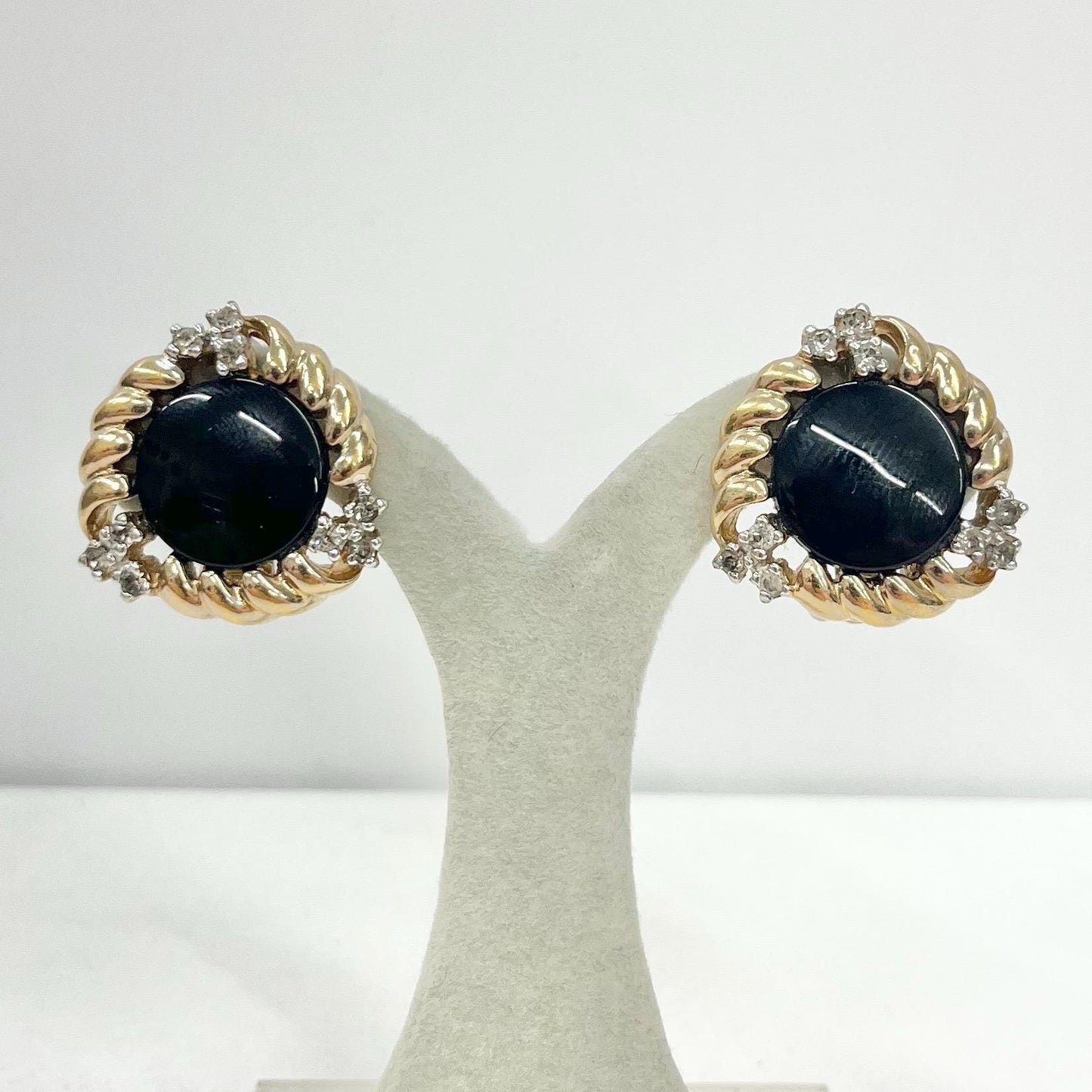 Vintage Designer Panetta Gold Tone Black Cabochon Clip On Earrings with a Clear Crystal Accents TheGreenGlassGemShop