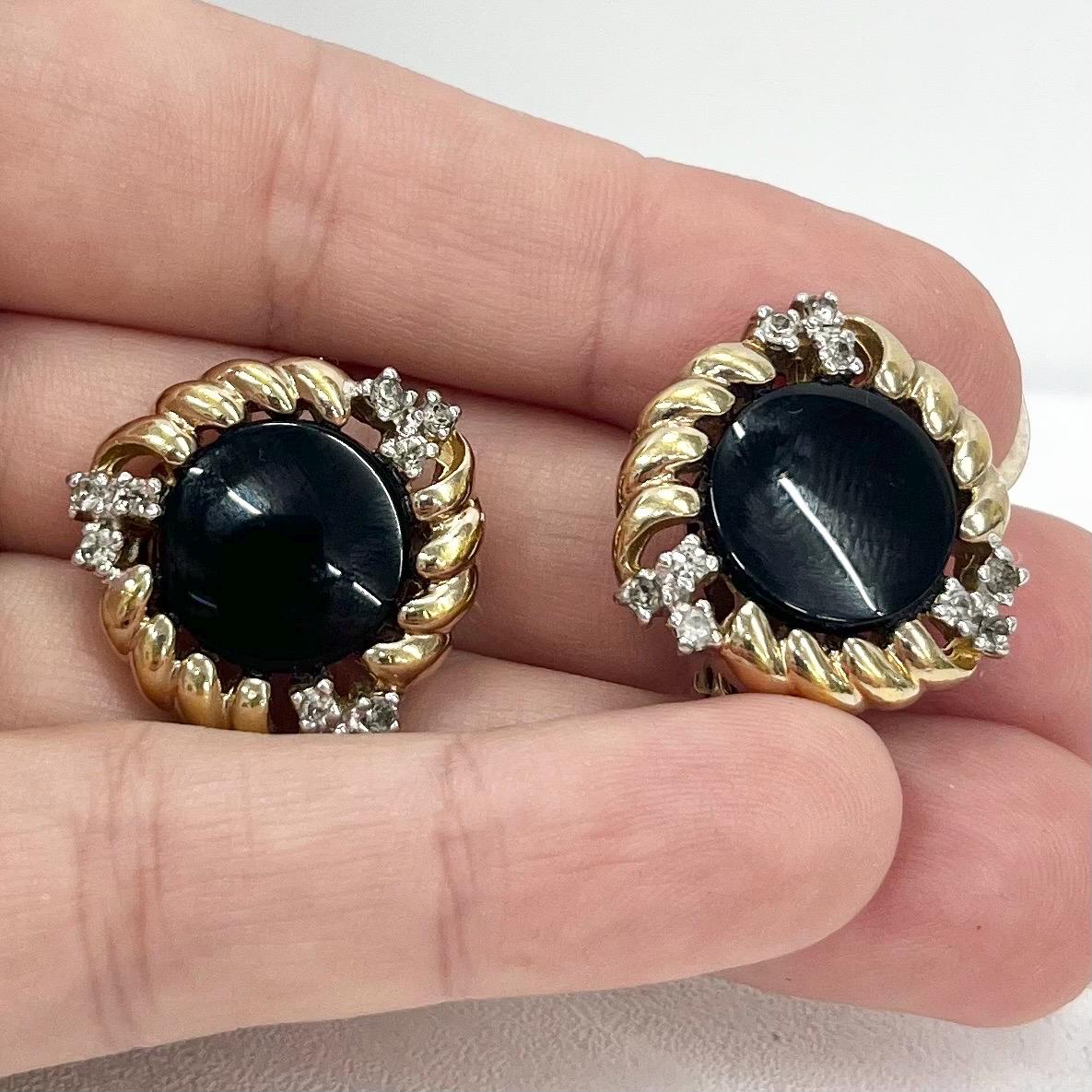 Vintage Designer Panetta Gold Tone Black Cabochon Clip On Earrings with a Clear Crystal Accents TheGreenGlassGemShop