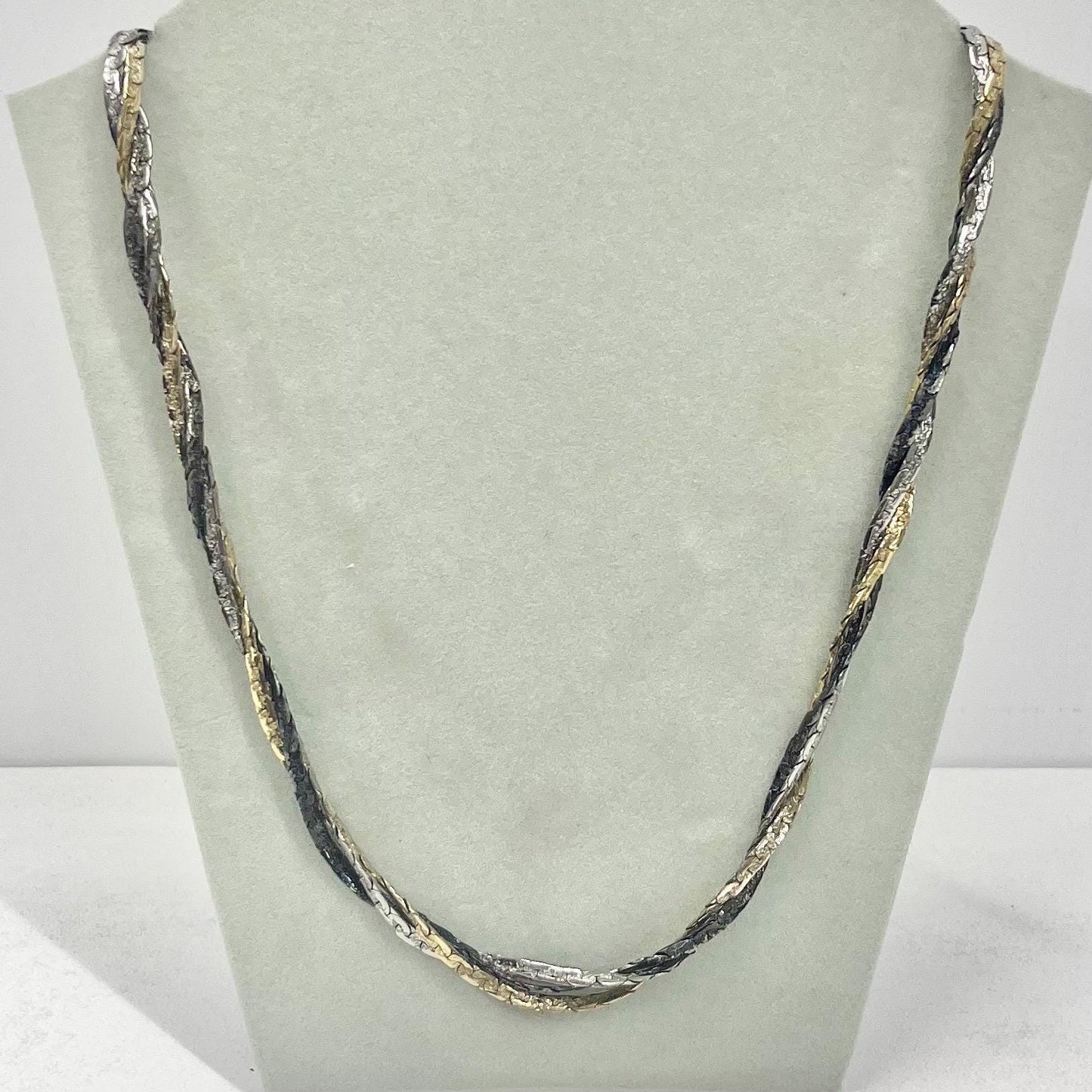 Vintage 24” Long Twisted Three Colour Gold Silver Pewter Three Strand 22ct Gold Plate Chain Necklace 1970’s - 1980’s Statement Power Chain TheGreenGlassGemShop