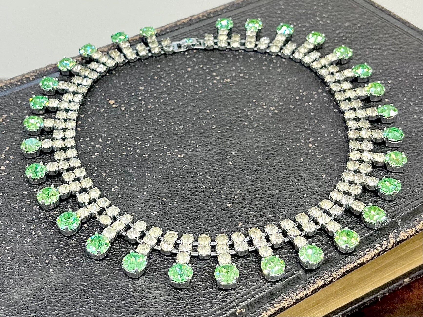 Impressive Vintage Green Uranium Glass Crystal Collar Necklace Silver Tone Metal UV Reactive Glow Statement Piece TheGreenGlassGemShop