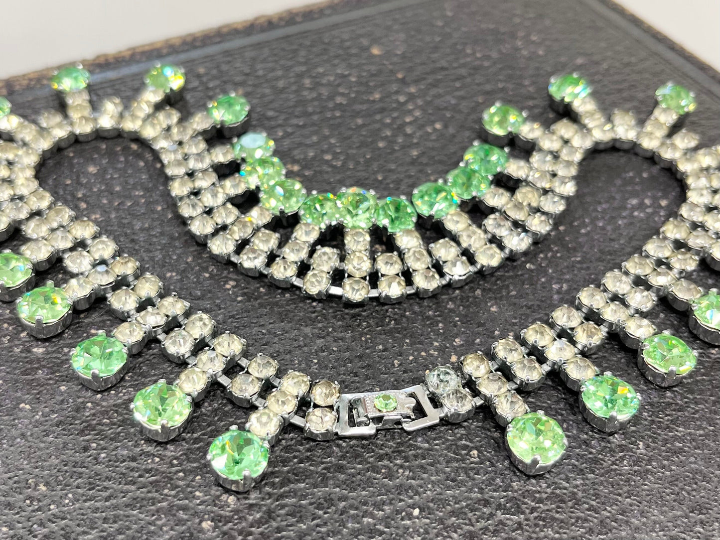 Impressive Vintage Green Uranium Glass Crystal Collar Necklace Silver Tone Metal UV Reactive Glow Statement Piece TheGreenGlassGemShop