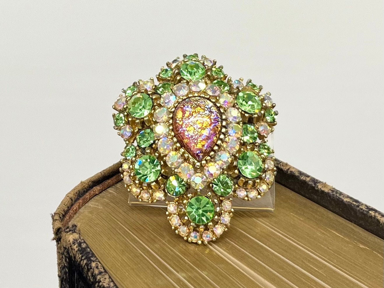 Statement Green Uranium Glass Crystal Brooch Gold Tone with a Dichroic Opal Centre UV Reactive Glow Vintage Victorian Style Jewellery TheGreenGlassGemShop