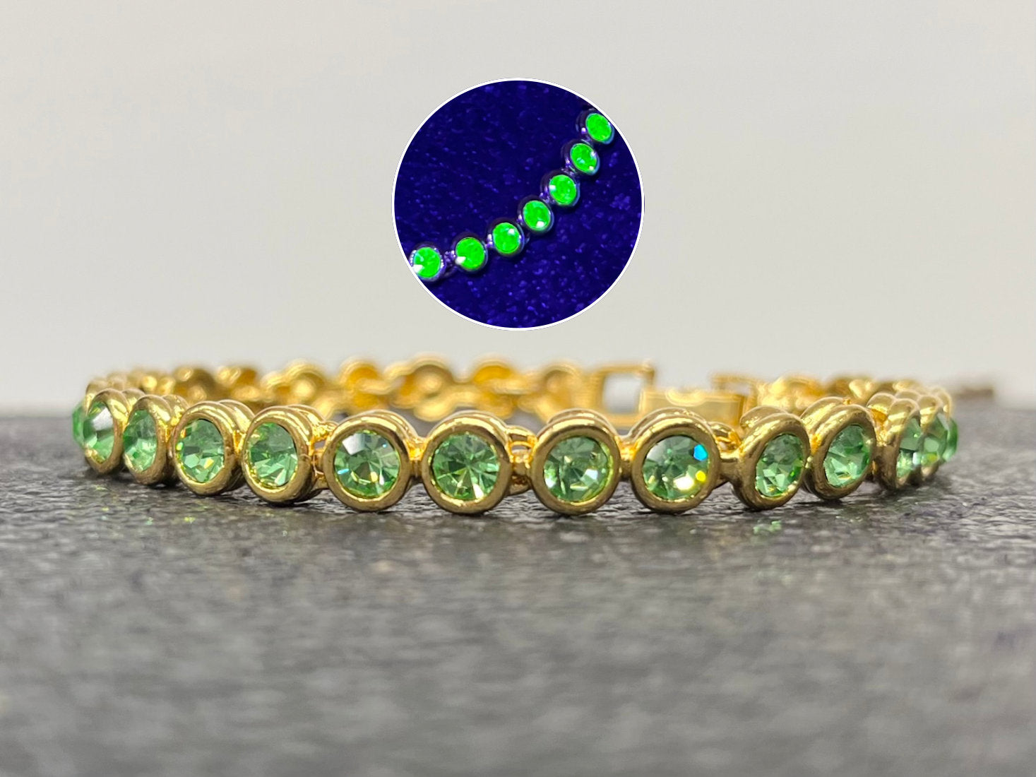 Vintage Green Uranium Glass Crystal Tennis Bracelet Gold Tone Metal UV Reactive Glow Jewellery TheGreenGlassGemShop