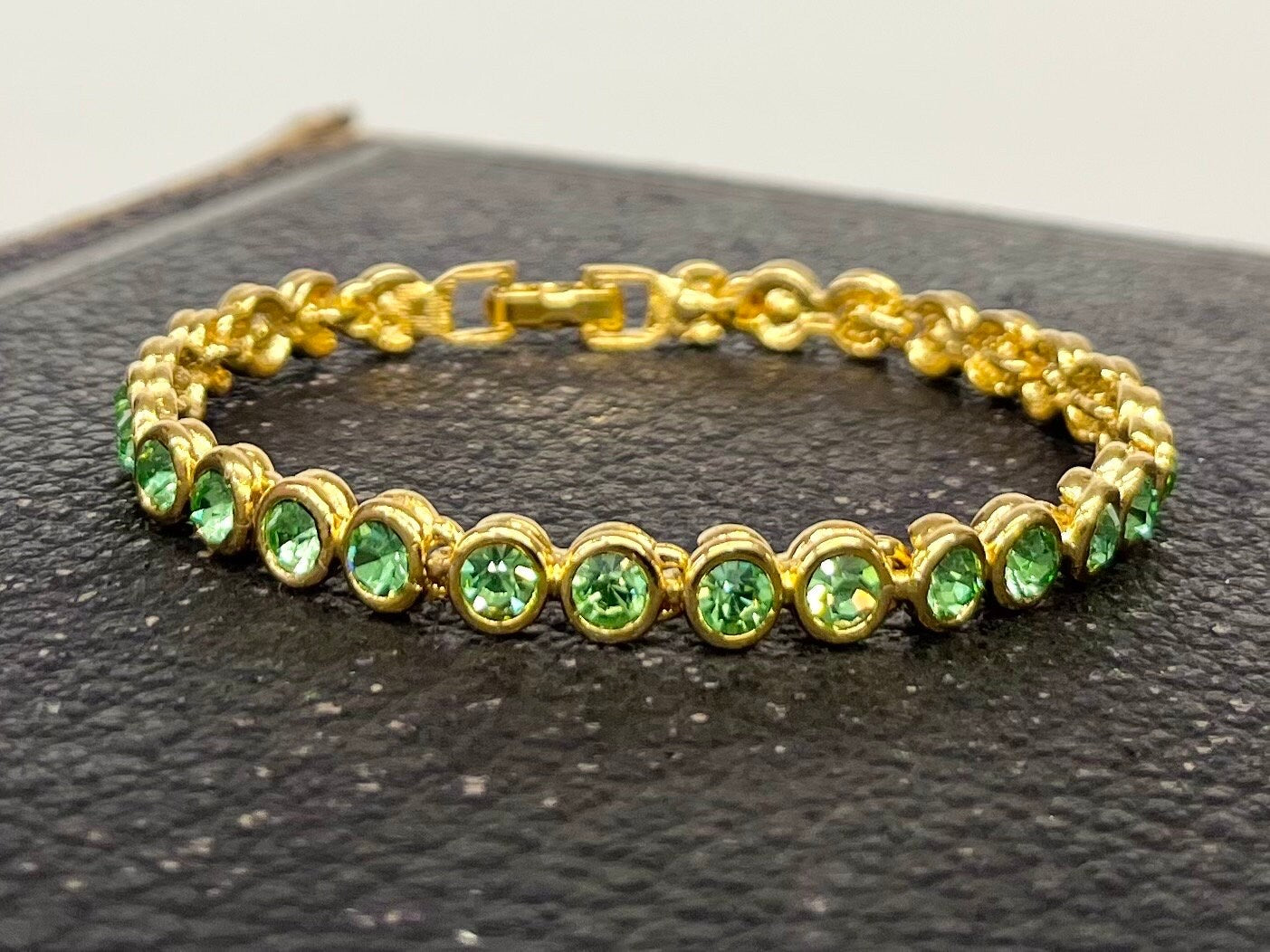 Vintage Green Uranium Glass Crystal Tennis Bracelet Gold Tone Metal UV Reactive Glow Jewellery TheGreenGlassGemShop