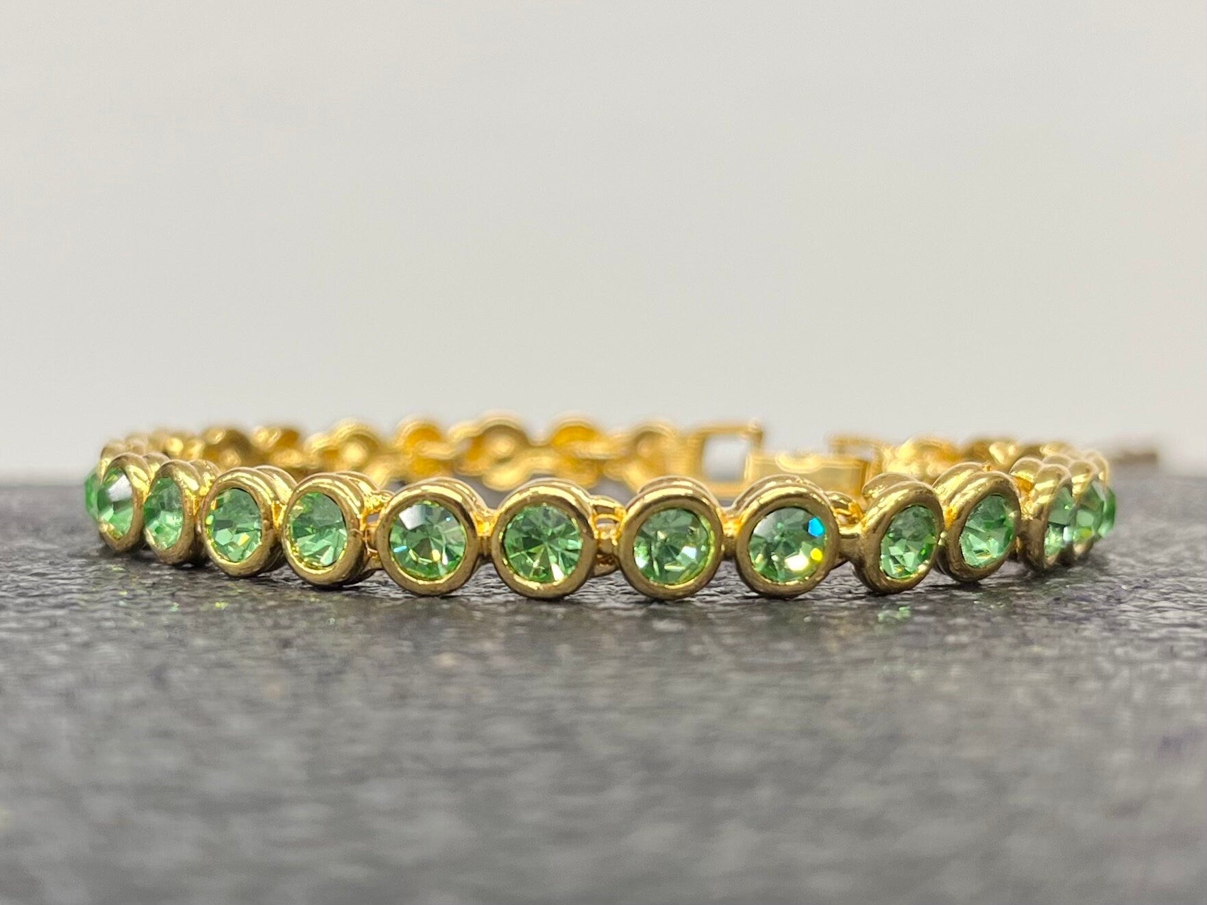 Vintage Green Uranium Glass Crystal Tennis Bracelet Gold Tone Metal UV Reactive Glow Jewellery TheGreenGlassGemShop