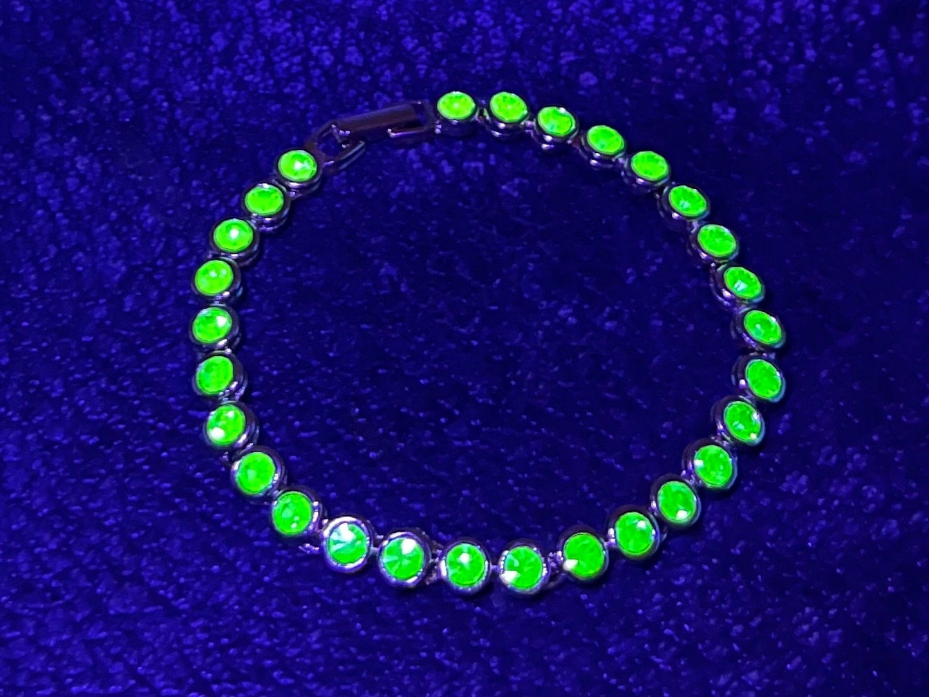 Vintage Green Uranium Glass Crystal Tennis Bracelet Gold Tone Metal UV Reactive Glow Jewellery TheGreenGlassGemShop