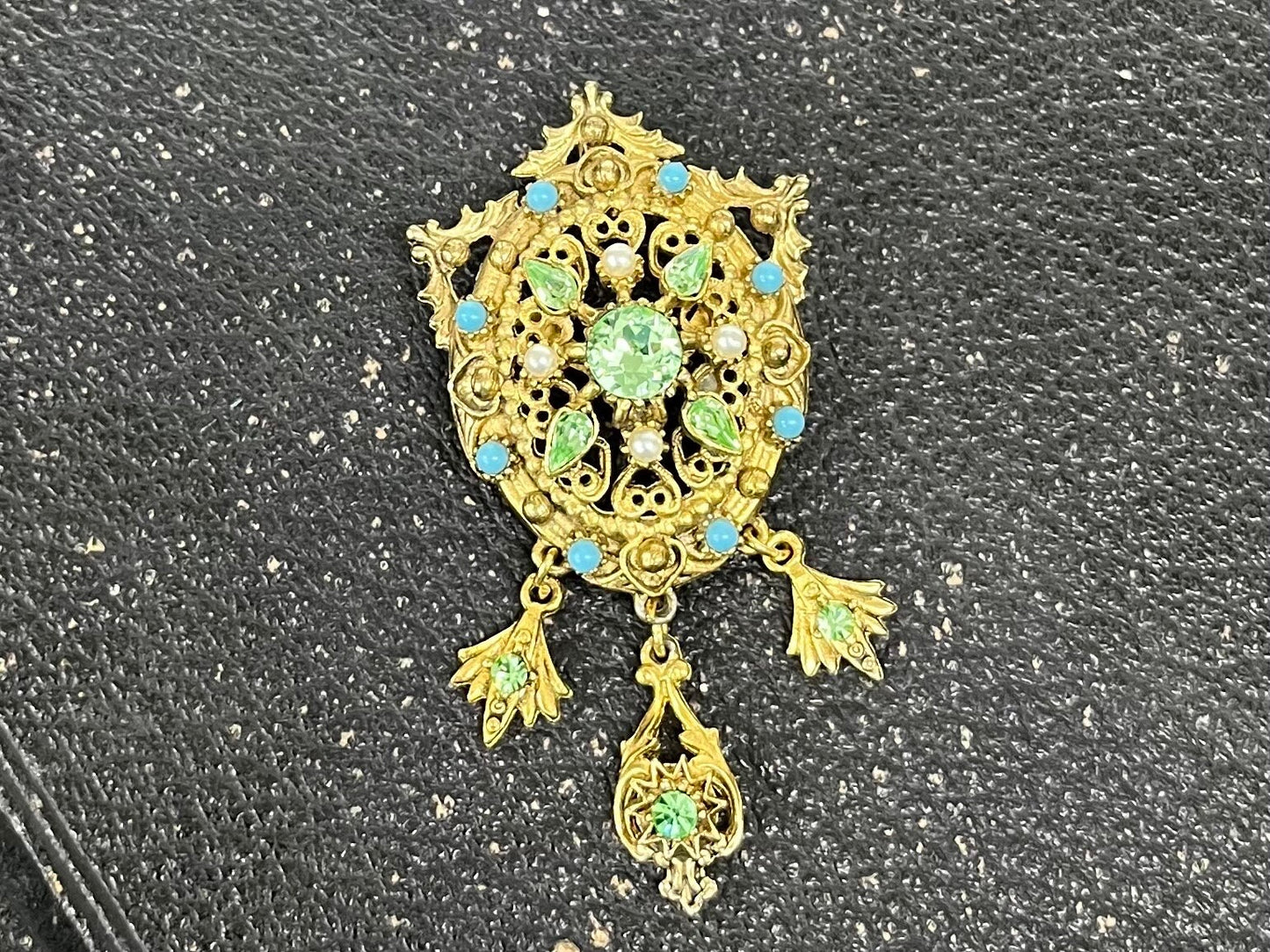 Victorian Style Green Uranium Glass Crystal Studded Vintage Brooch with Droplets Gold Tone with a UV Reactive Glow UV Jewellery TheGreenGlassGemShop