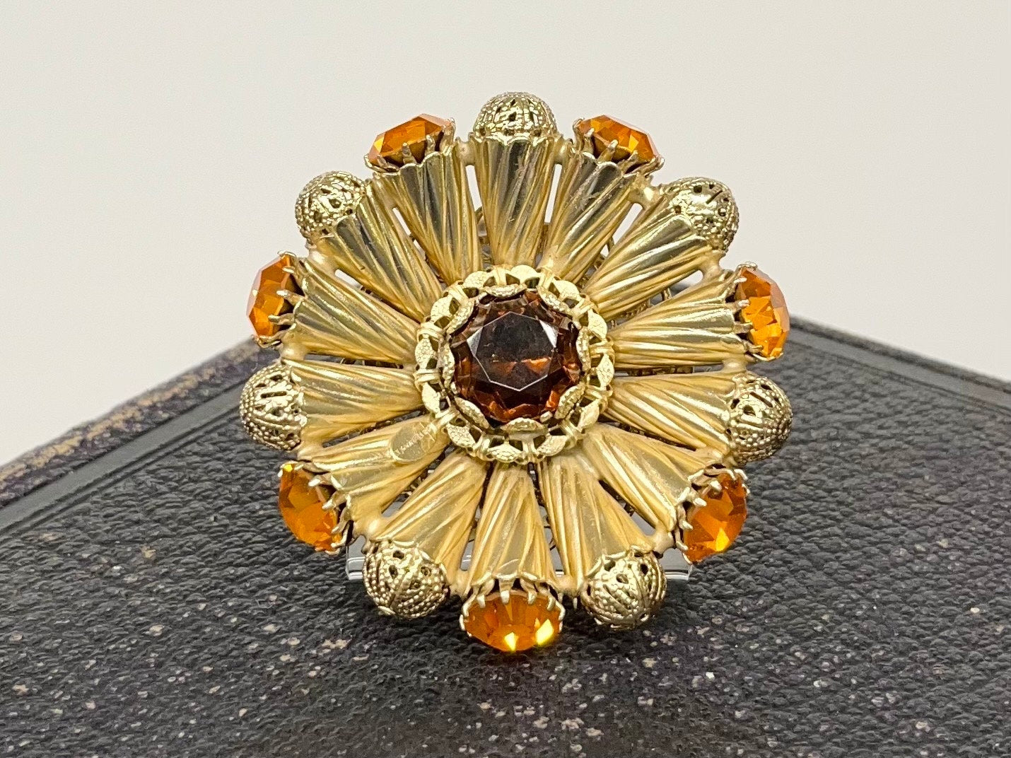 Huge Vintage Statement Orange Cadmium Glass Crystal Brooch Gold Tone with a UV Reactive Glow UV Vintage Jewellery TheGreenGlassGemShop