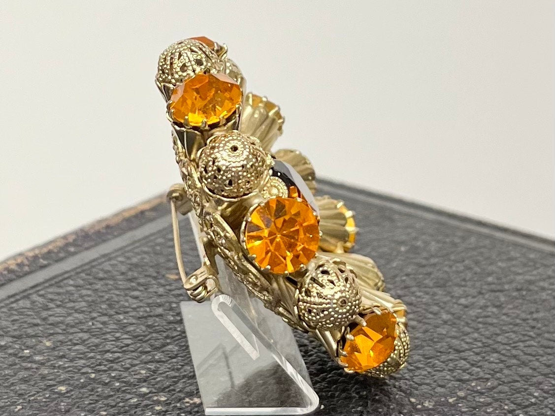 Huge Vintage Statement Orange Cadmium Glass Crystal Brooch Gold Tone with a UV Reactive Glow UV Vintage Jewellery TheGreenGlassGemShop