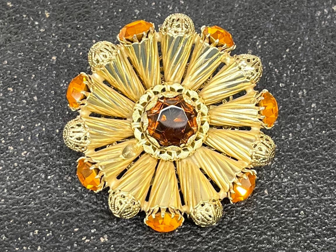 Huge Vintage Statement Orange Cadmium Glass Crystal Brooch Gold Tone with a UV Reactive Glow UV Vintage Jewellery TheGreenGlassGemShop