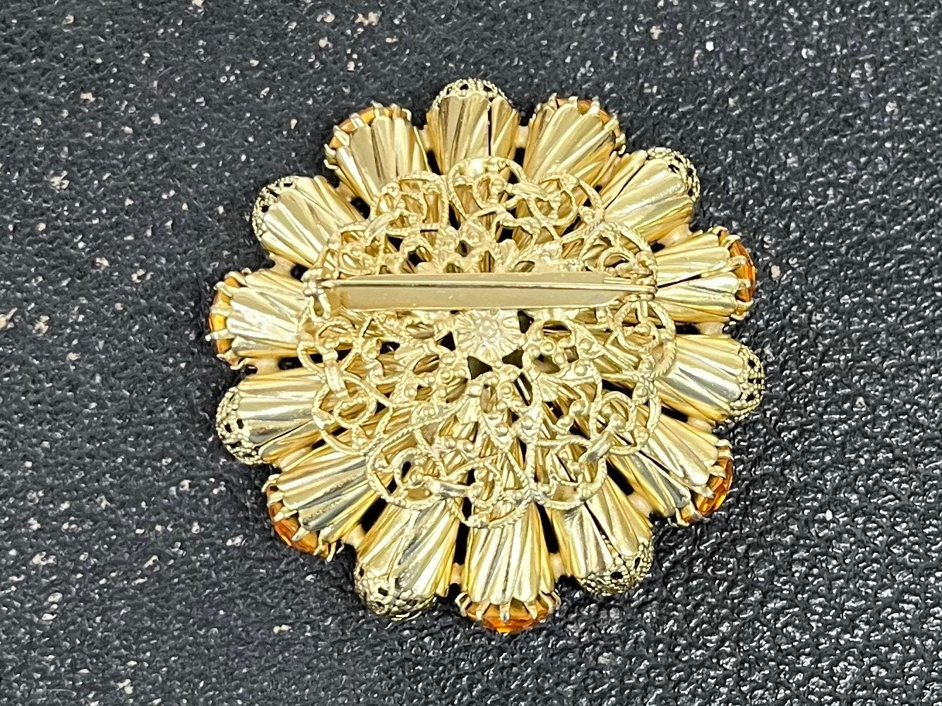 Huge Vintage Statement Orange Cadmium Glass Crystal Brooch Gold Tone with a UV Reactive Glow UV Vintage Jewellery TheGreenGlassGemShop