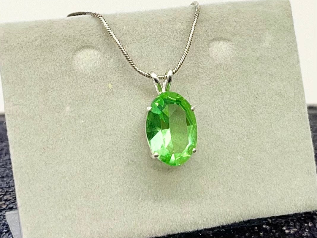 Sterling Silver Uranium Glass Oval Cut Crystal Pendant & 18” Chain with a UV Reactive Glow UV Jewellery Necklace TheGreenGlassGemShop