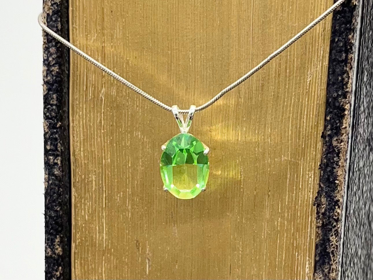 Sterling Silver Uranium Glass Oval Cut Crystal Pendant & 18” Chain with a UV Reactive Glow UV Jewellery Necklace TheGreenGlassGemShop