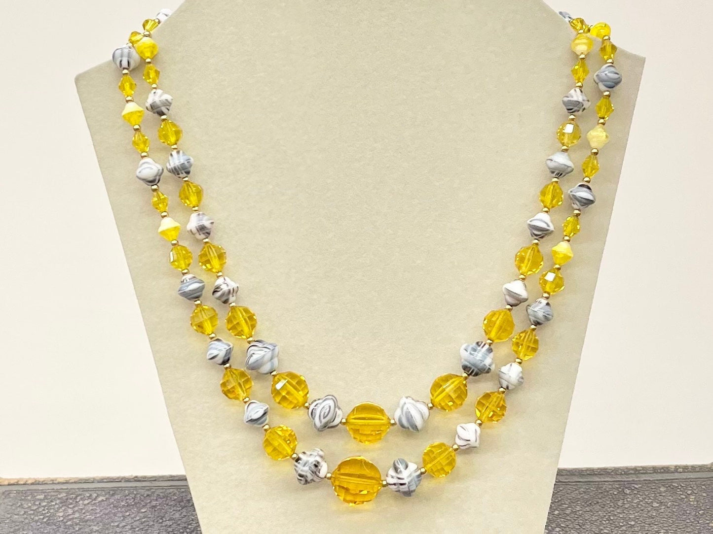 Vintage Two Strand Yellow & Grey Czech Glass Bead Necklace with Cadmium Beads UV Reactive Glow Jewellery TheGreenGlassGemShop