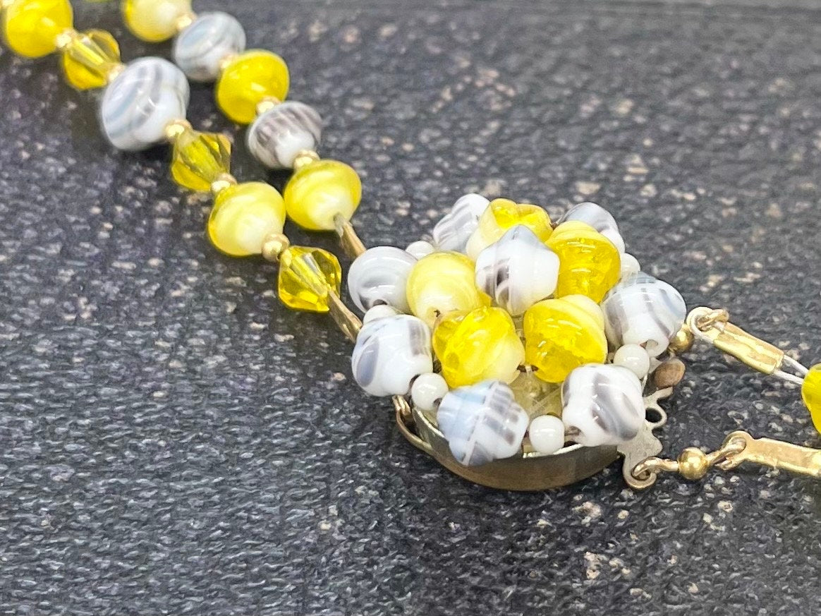 Vintage Two Strand Yellow & Grey Czech Glass Bead Necklace with Cadmium Beads UV Reactive Glow Jewellery TheGreenGlassGemShop