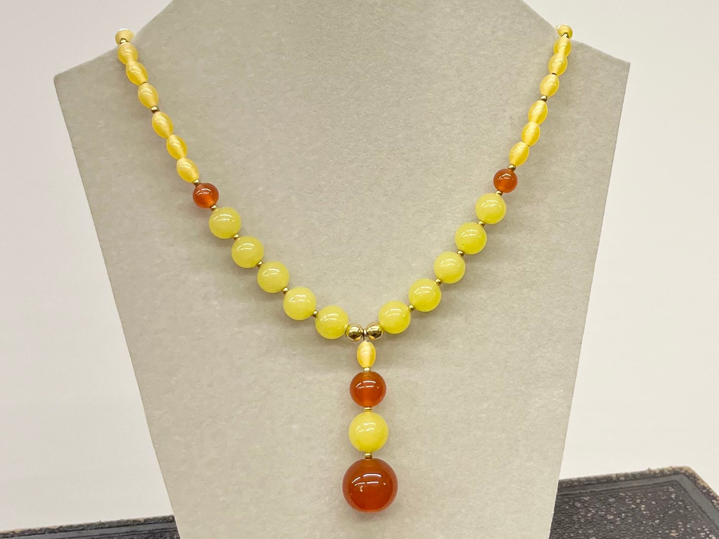 Vintage Yellow & Orange Uranium Glass Drop Bead Necklace Bright Green and Orange UV Reactive Glow Jewellery TheGreenGlassGemShop