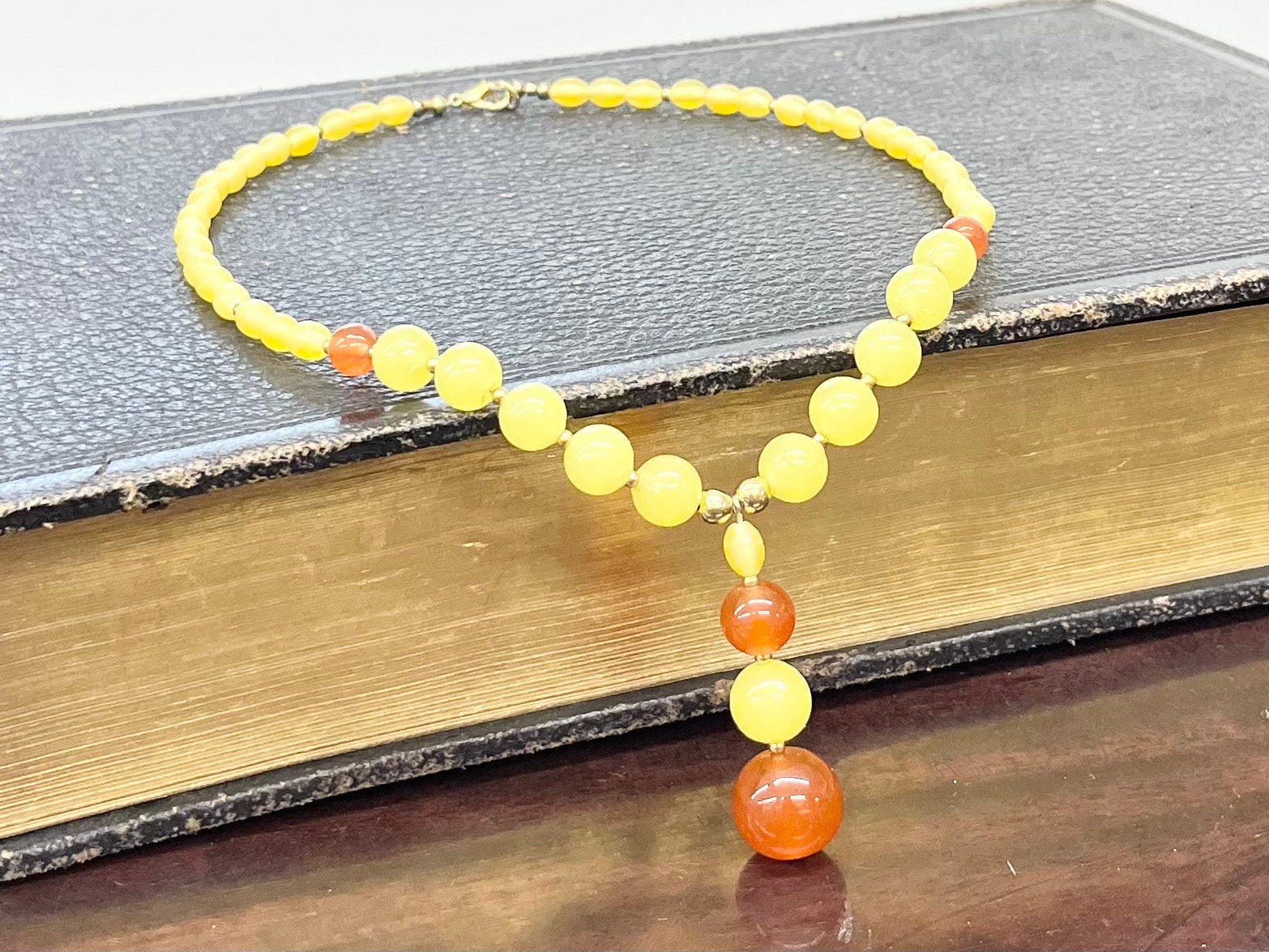 Vintage Yellow & Orange Uranium Glass Drop Bead Necklace Bright Green and Orange UV Reactive Glow Jewellery TheGreenGlassGemShop