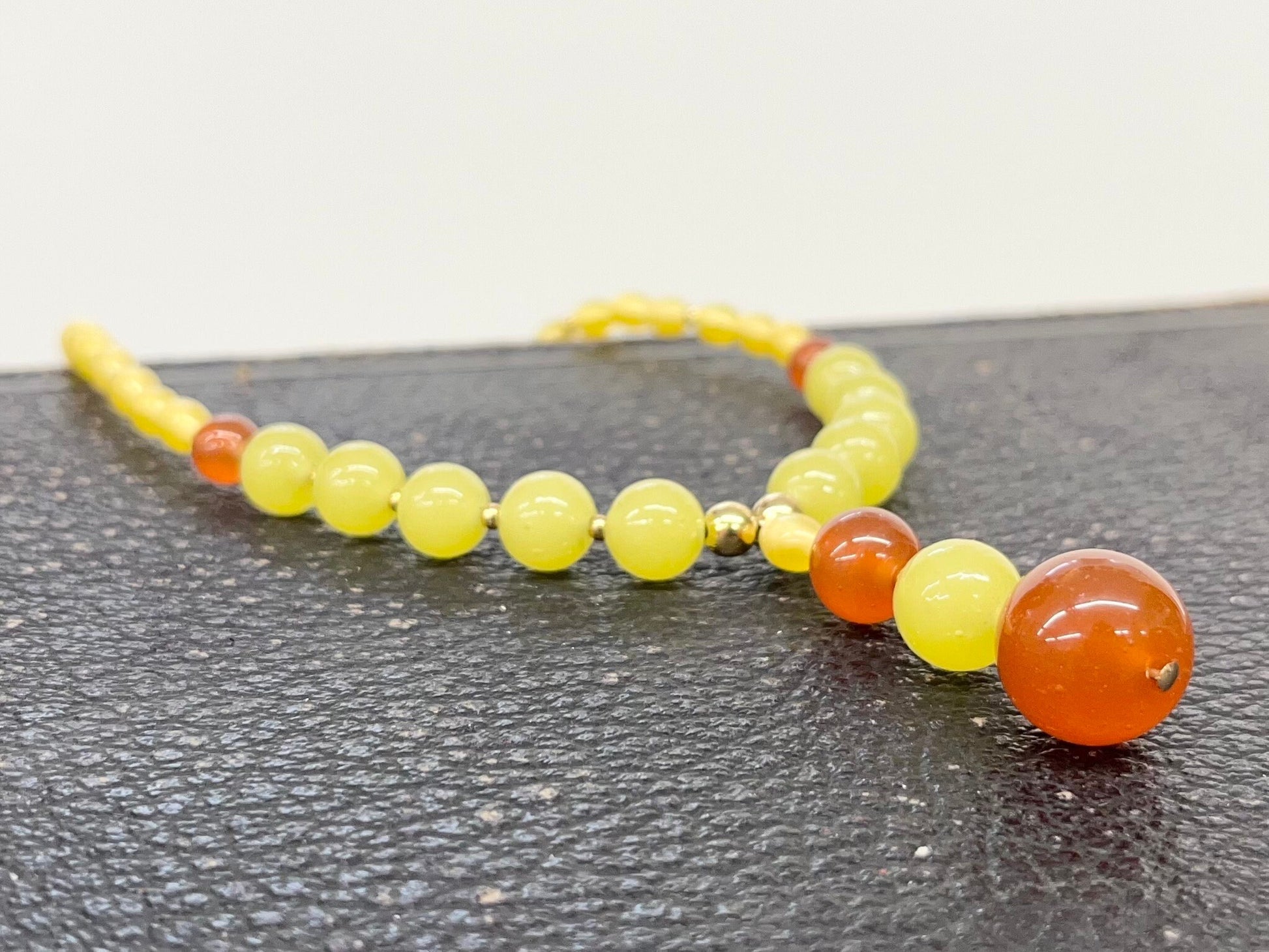 Vintage Yellow & Orange Uranium Glass Drop Bead Necklace Bright Green and Orange UV Reactive Glow Jewellery TheGreenGlassGemShop