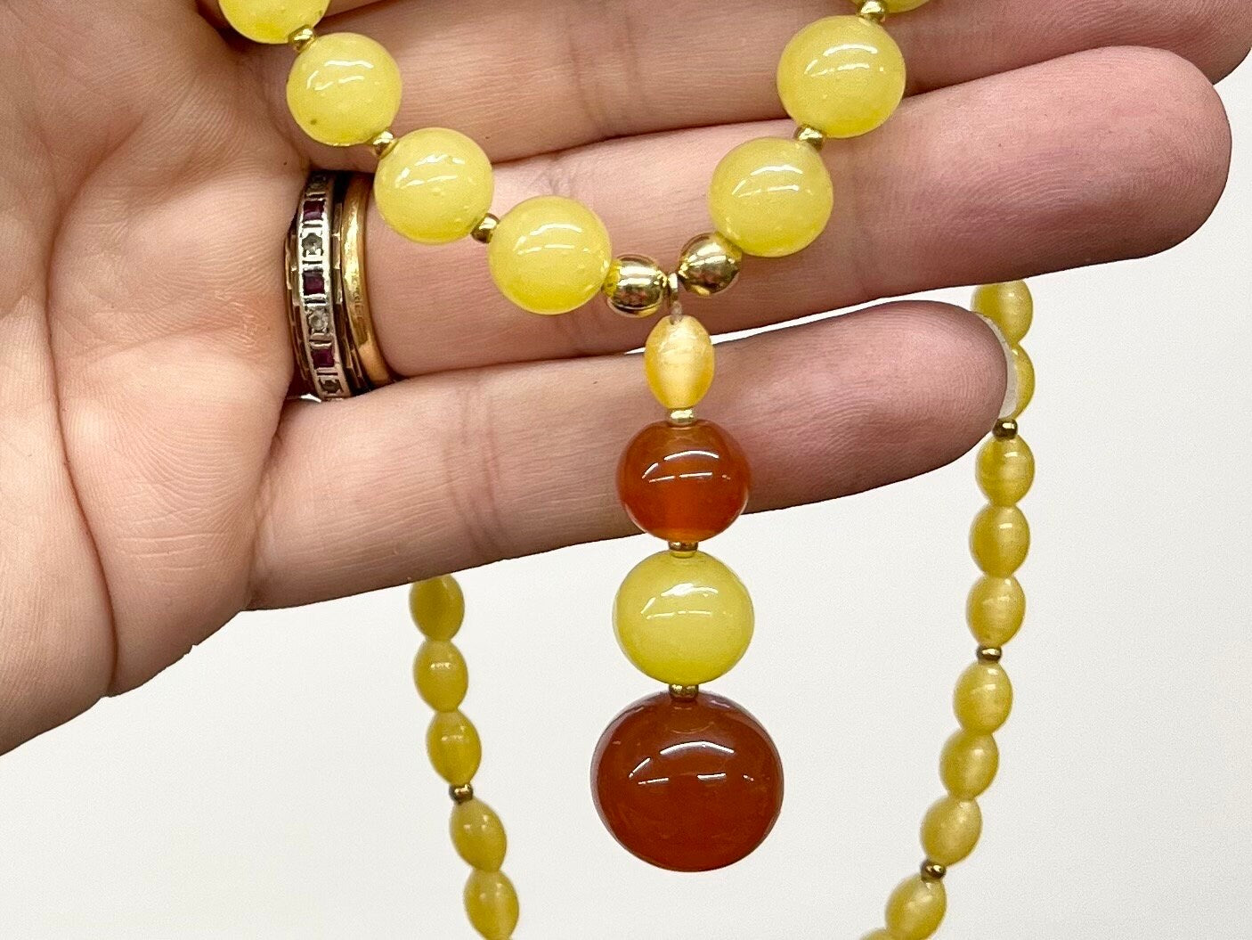 Vintage Yellow & Orange Uranium Glass Drop Bead Necklace Bright Green and Orange UV Reactive Glow Jewellery TheGreenGlassGemShop