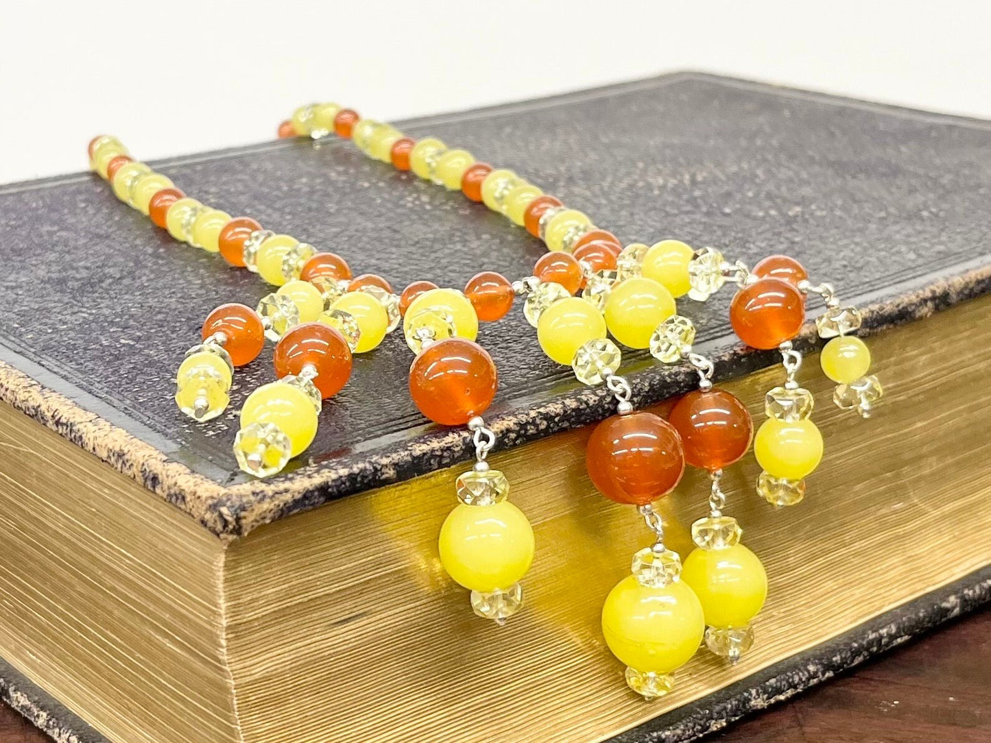 Statement Yellow & Orange Uranium Glass Multi Drop Bead Necklace Bright Green Under UV Light UV Reactive Glow Jewellery TheGreenGlassGemShop