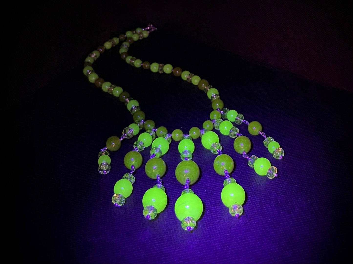 Statement Yellow & Orange Uranium Glass Multi Drop Bead Necklace Bright Green Under UV Light UV Reactive Glow Jewellery TheGreenGlassGemShop