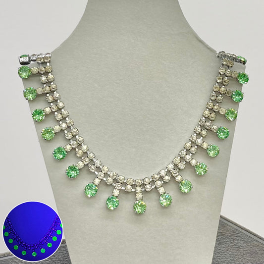 Impressive Vintage Green Uranium Glass Crystal Collar Necklace Silver Tone Metal UV Reactive Glow Statement Piece TheGreenGlassGemShop