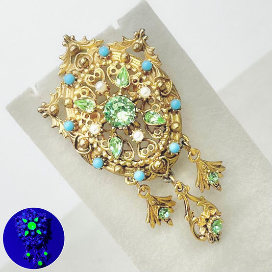 Victorian Style Green Uranium Glass Crystal Studded Vintage Brooch with Droplets Gold Tone with a UV Reactive Glow UV Jewellery TheGreenGlassGemShop