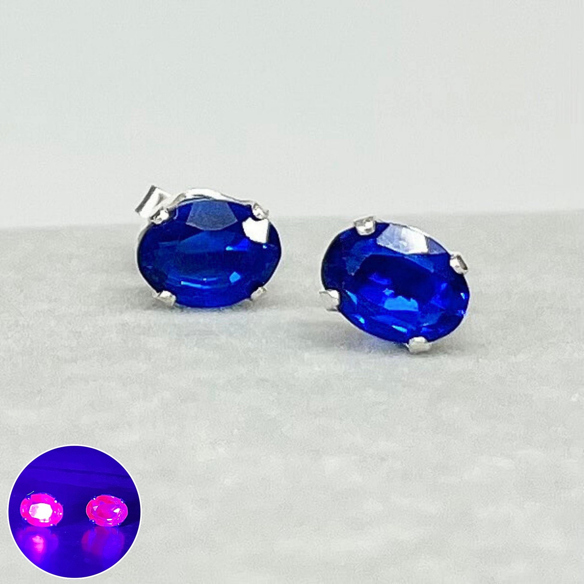 Sterling Silver Cobalt Blue Synthetic Spinel Oval Cut Stud Earrings with a UV Reactive Pink Glow Jewellery TheGreenGlassGemShop