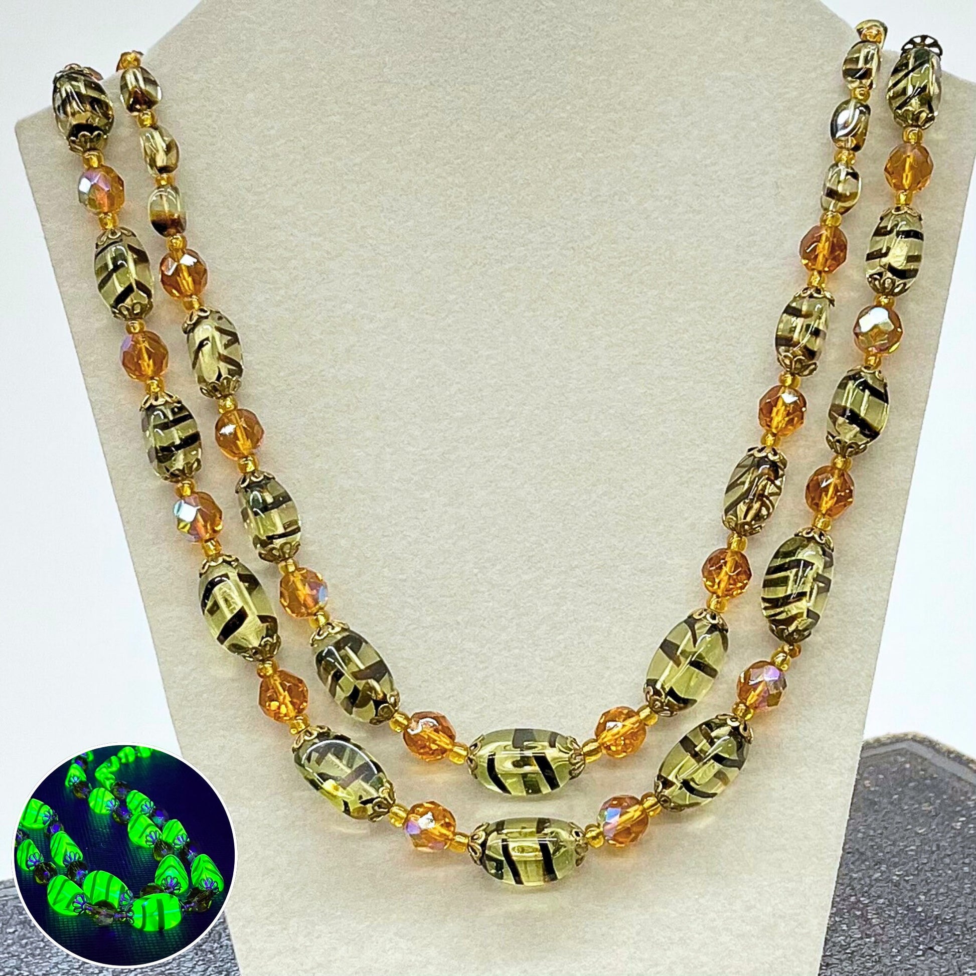 Vintage Two Strand Uranium Czech Glass Tiger Stripe and Topaz Glass Bead Necklace Bright Green UV Reactive Glow Jewellery TheGreenGlassGemShop