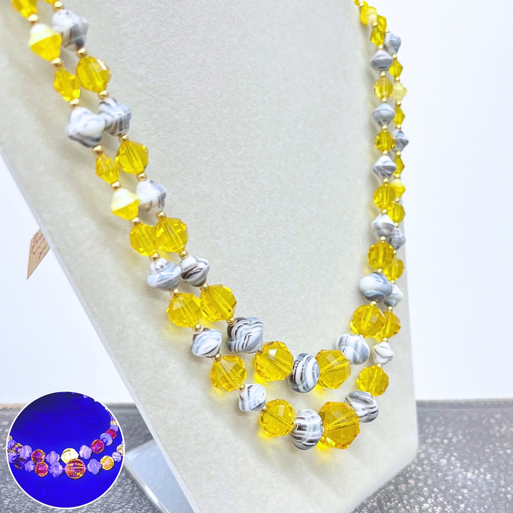 Vintage Two Strand Yellow & Grey Czech Glass Bead Necklace with Cadmium Beads UV Reactive Glow Jewellery TheGreenGlassGemShop