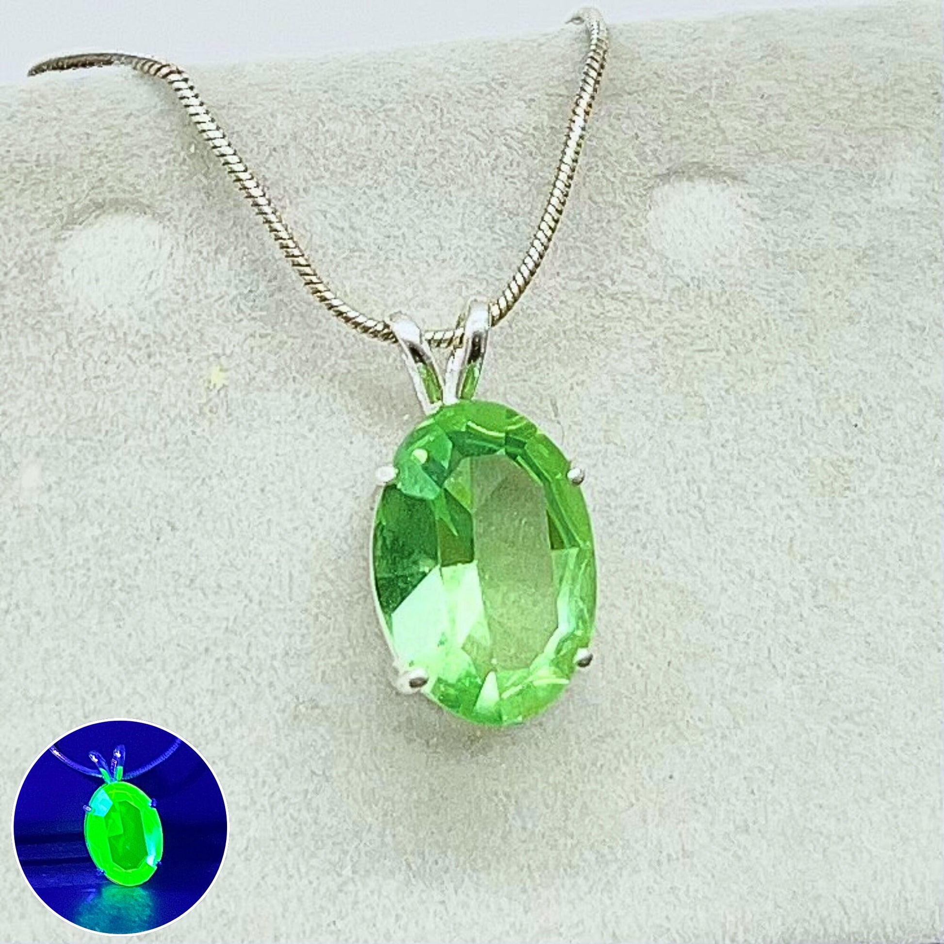 Sterling Silver Uranium Glass Oval Cut Crystal Pendant & 18” Chain with a UV Reactive Glow UV Jewellery Necklace TheGreenGlassGemShop