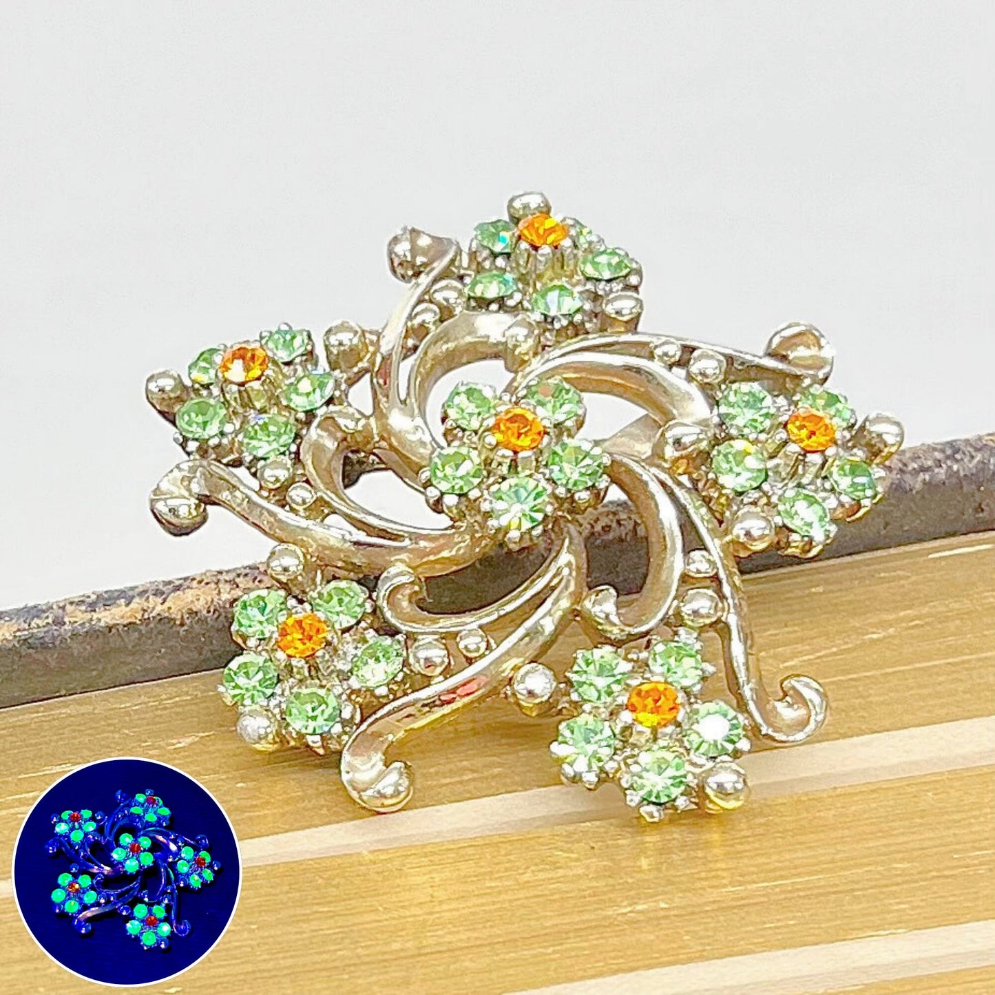 Large Floral Green Uranium Glass Crystal Floral Flower Brooch Gold Tone with a UV Reactive Glow UV Jewellery Vintage TheGreenGlassGemShop