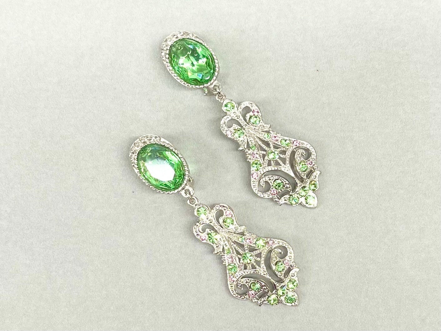 Vintage Statement Clip On Drop Earrings Green Uranium Glass & Rose Pink Crystals Baroque Style UV Reactive Glow TheGreenGlassGemShop