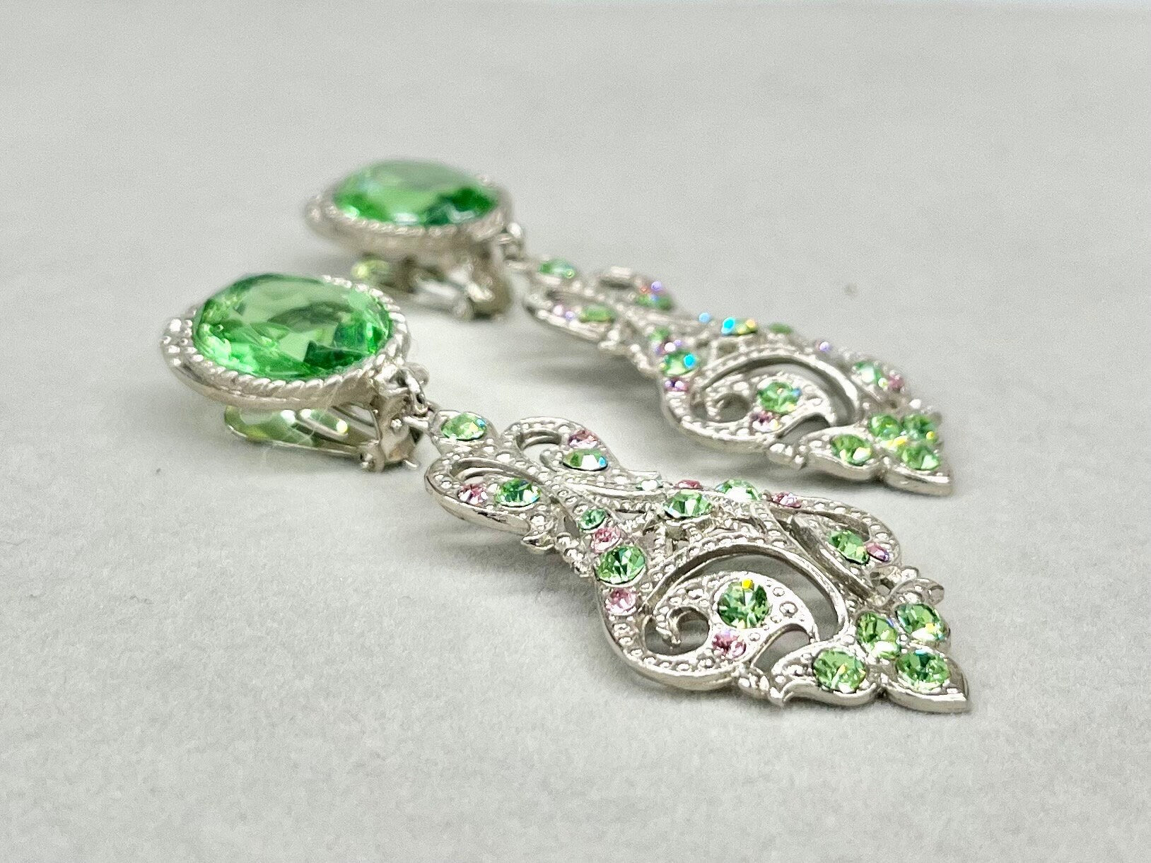 Vintage Statement Clip On Drop Earrings Green Uranium Glass & Rose Pink Crystals Baroque Style UV Reactive Glow TheGreenGlassGemShop