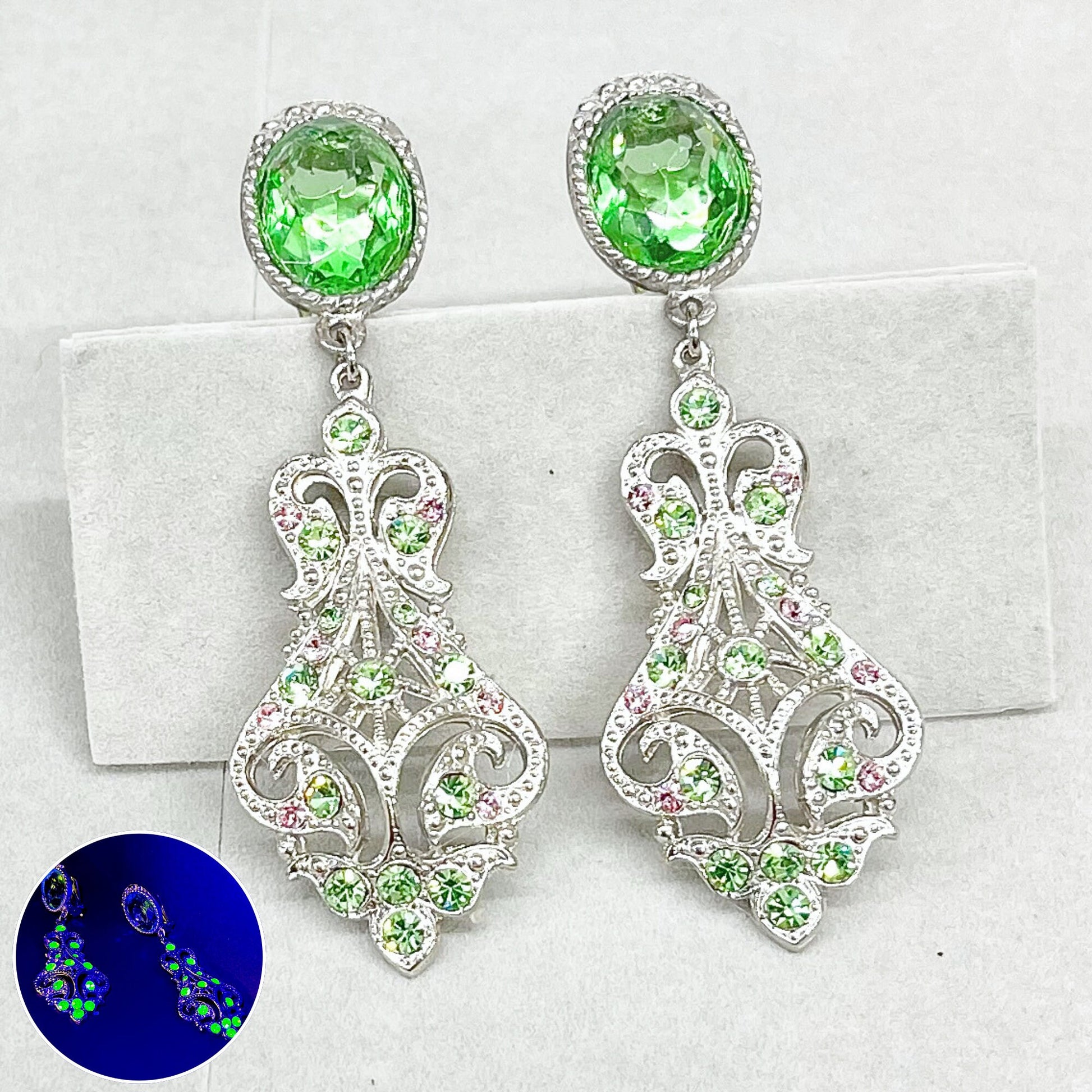 Vintage Statement Clip On Drop Earrings Green Uranium Glass & Rose Pink Crystals Baroque Style UV Reactive Glow TheGreenGlassGemShop