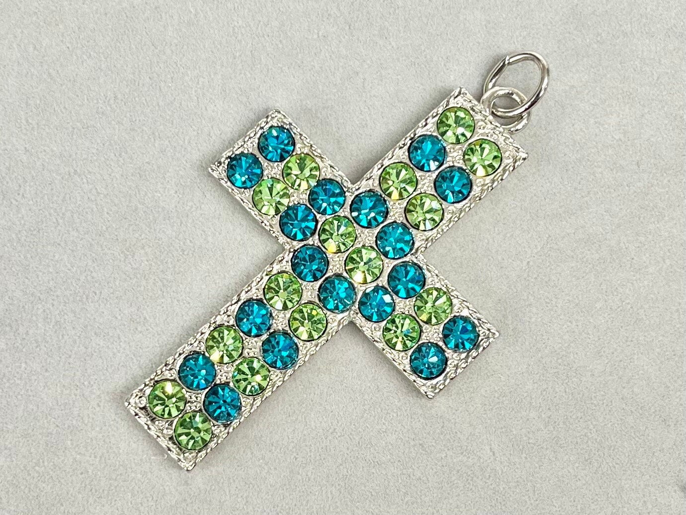 Statement Large Green & Turquoise Crystal Cross / Crucifix Pendant with Vintage Uranium Swarovski Crystal Elements UV Reactive Glow Gothic TheGreenGlassGemShop