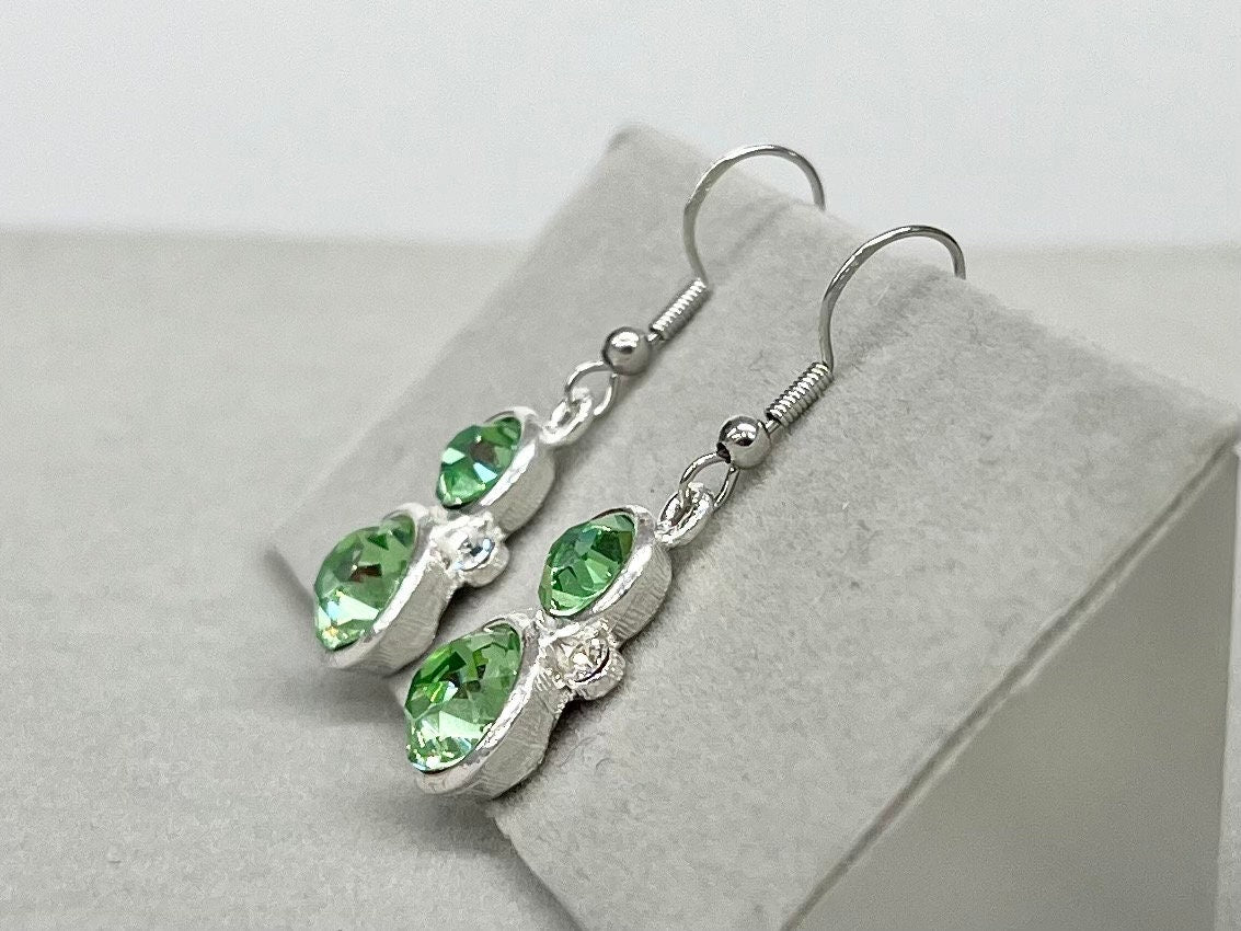 Vintage Green Uranium Glass Crystal Drop Swarovski Crystal Elements Earrings with UV Reactive Glow & Tiny Clear Crystal Accents TheGreenGlassGemShop