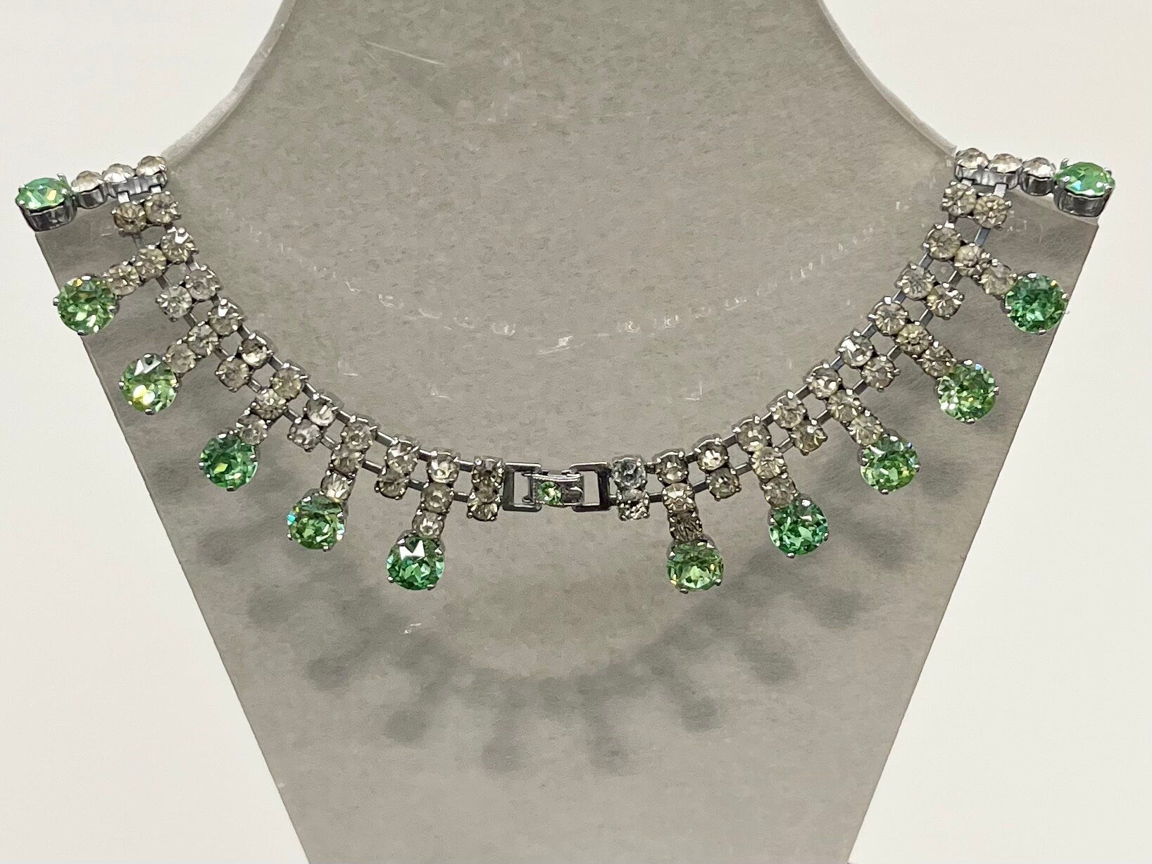 Impressive Vintage Green Uranium Glass Crystal Collar Necklace Silver Tone Metal UV Reactive Glow Statement Piece TheGreenGlassGemShop