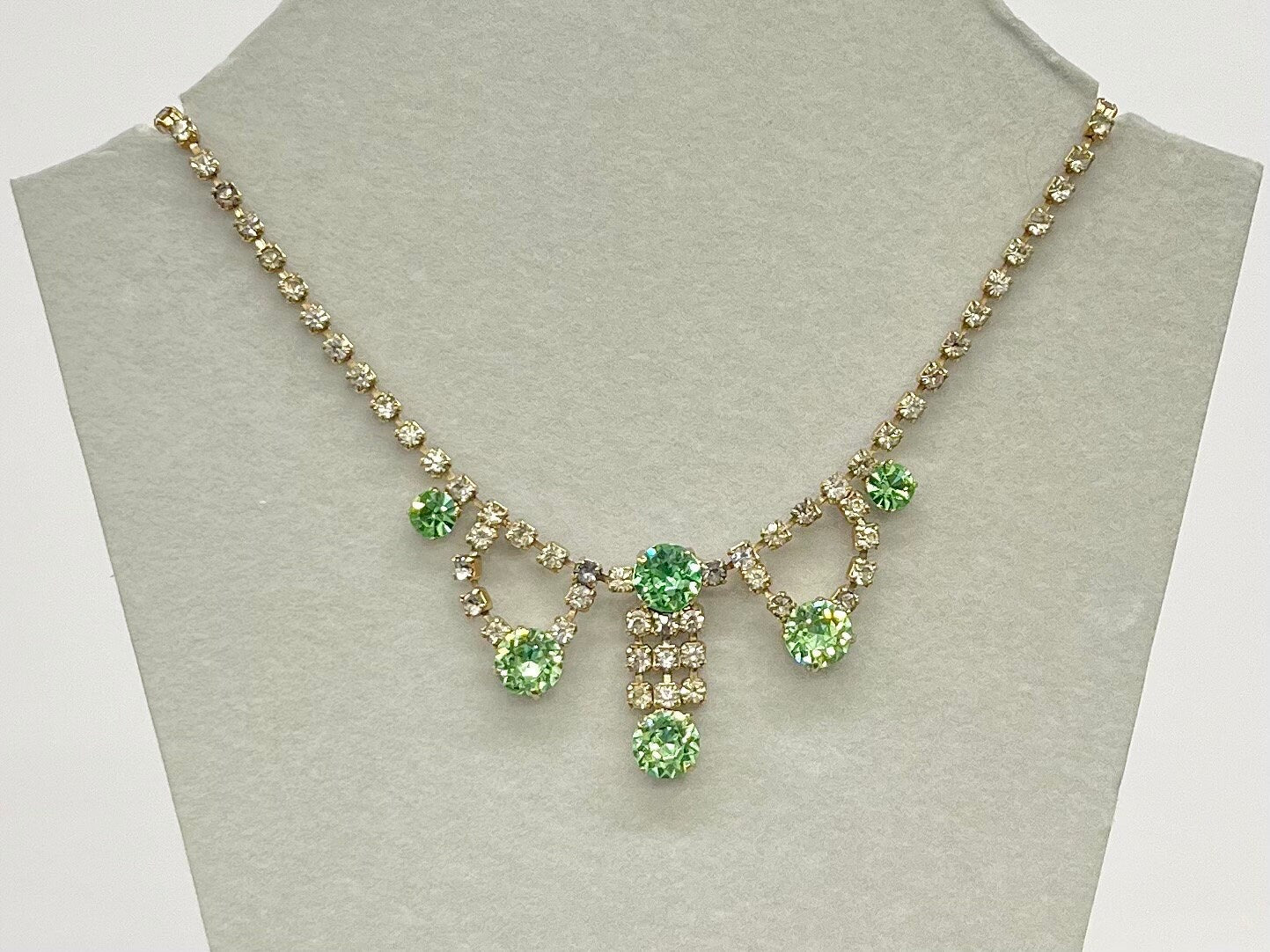 Vintage Green Uranium Glass Crystal Drop Necklace Light Gold Tone Metal UV Reactive Glow Piece TheGreenGlassGemShop