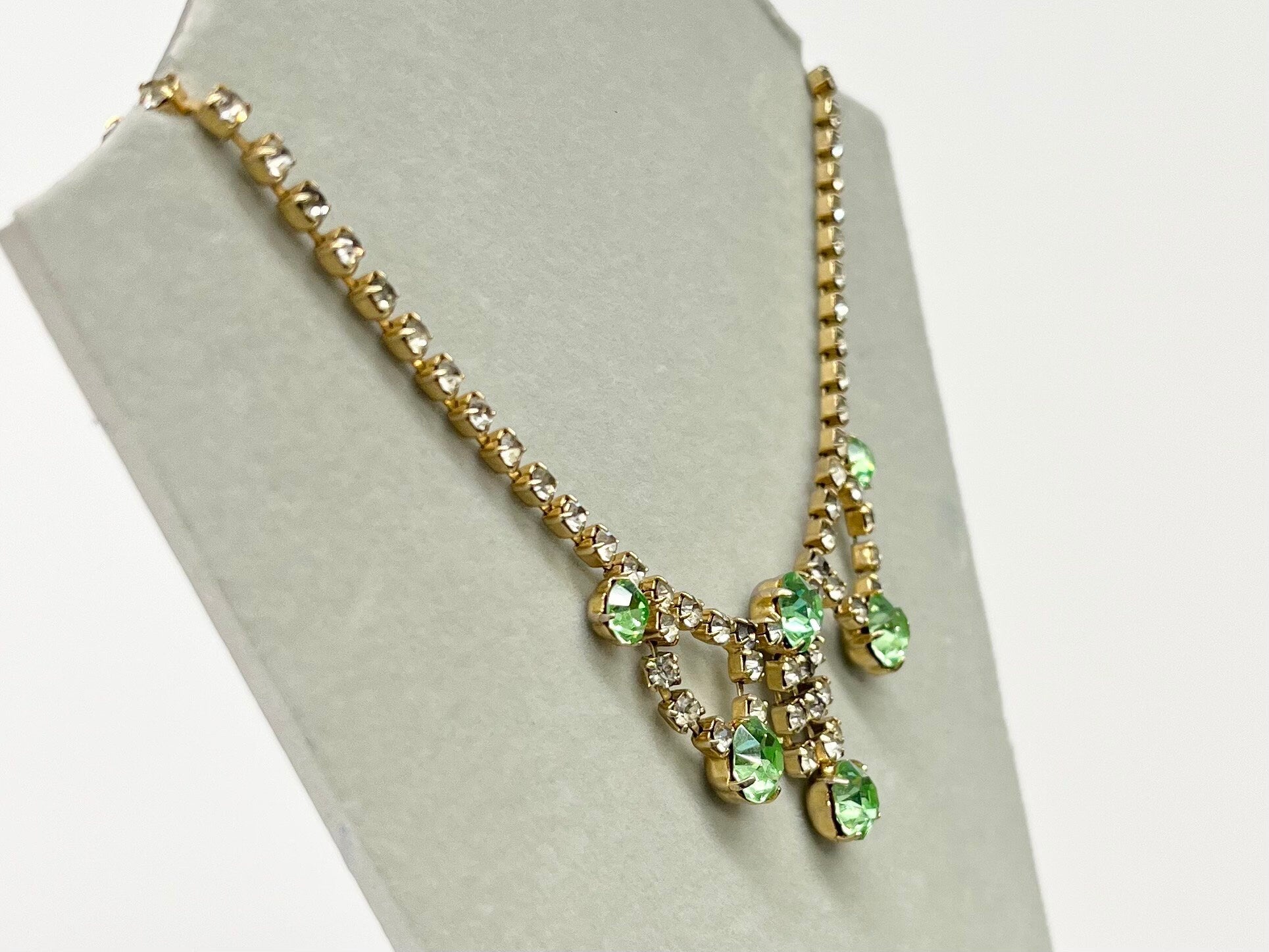 Vintage Green Uranium Glass Crystal Drop Necklace Light Gold Tone Metal UV Reactive Glow Piece TheGreenGlassGemShop