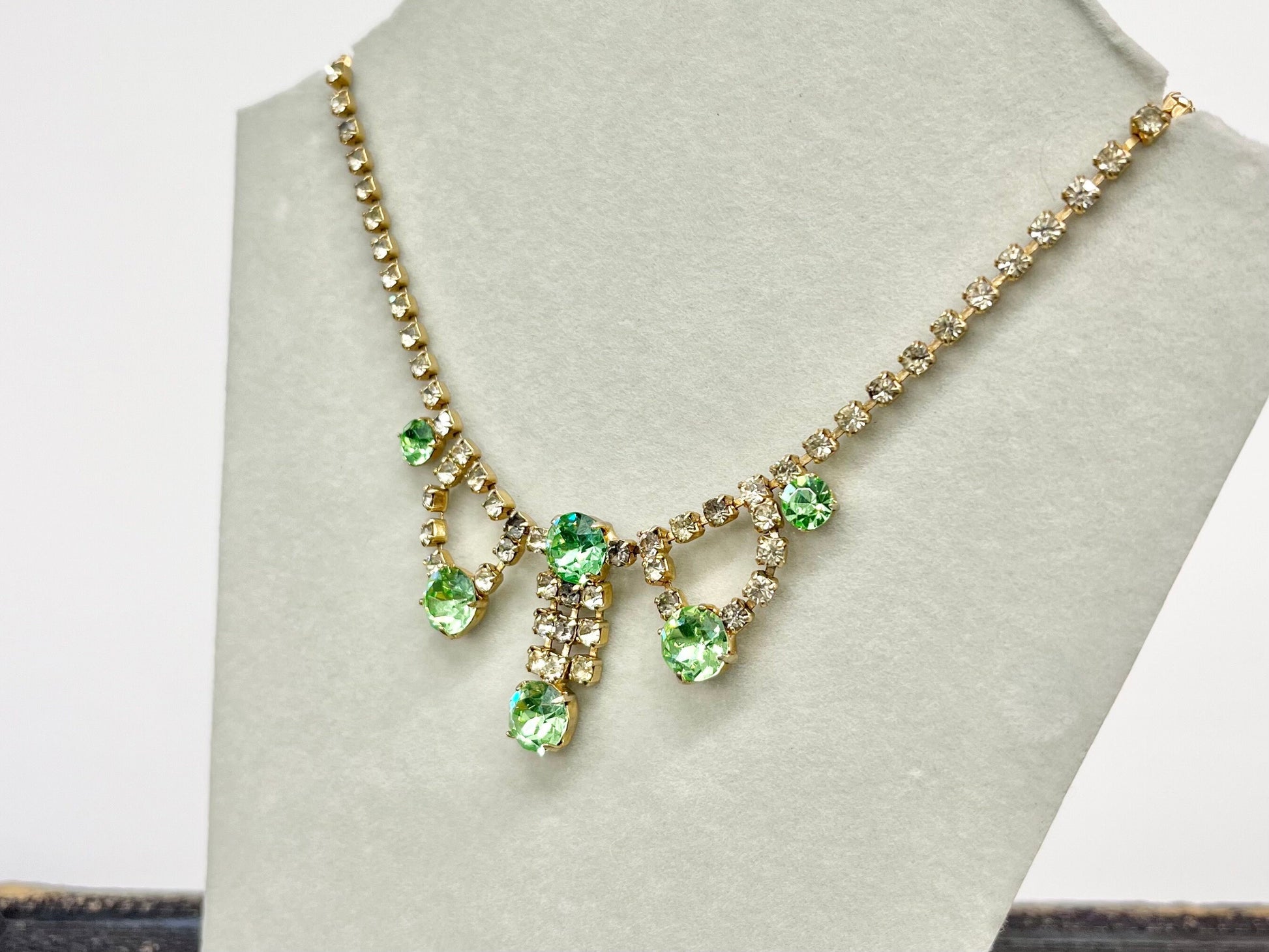 Vintage Green Uranium Glass Crystal Drop Necklace Light Gold Tone Metal UV Reactive Glow Piece TheGreenGlassGemShop