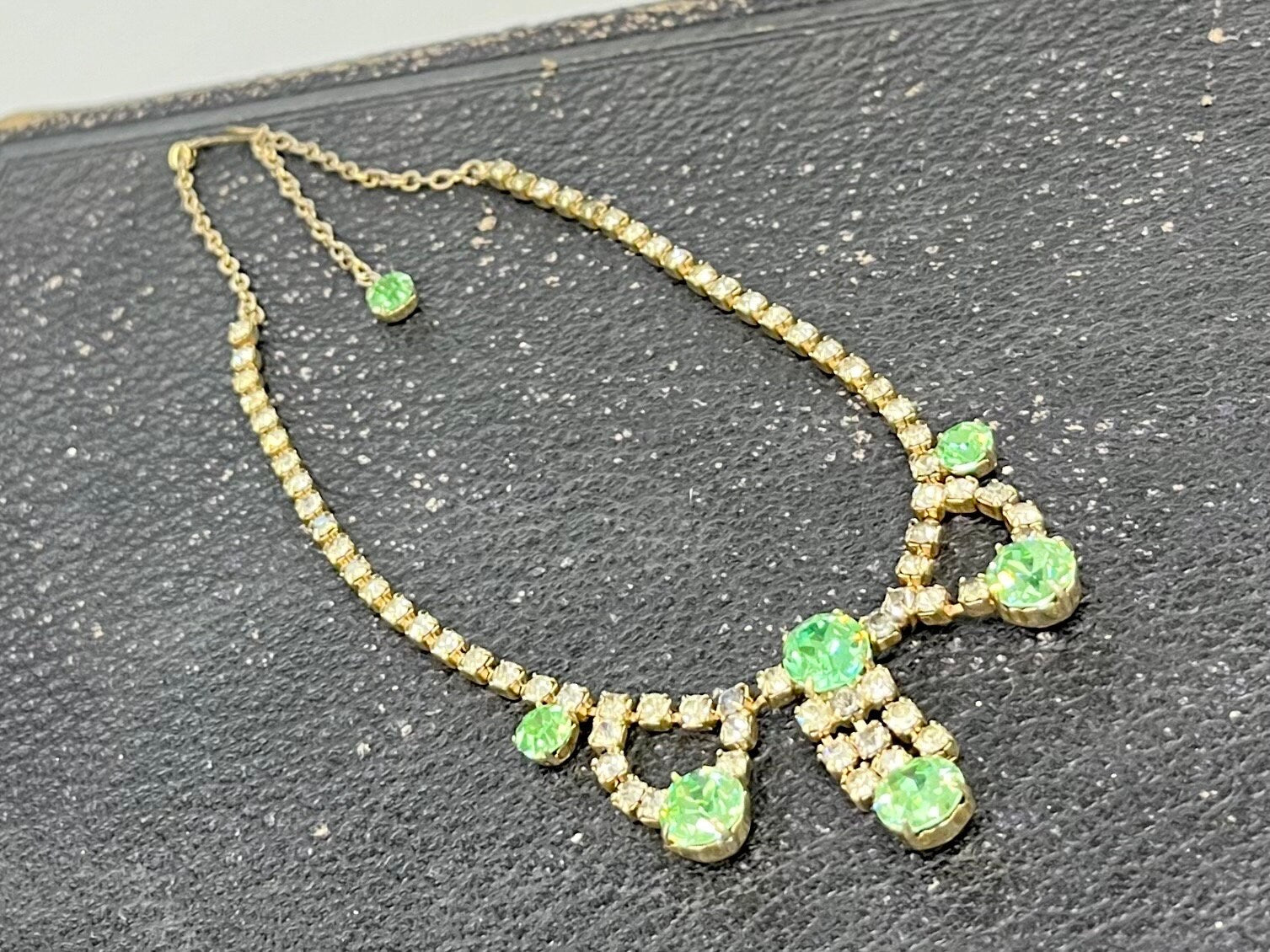 Vintage Green Uranium Glass Crystal Drop Necklace Light Gold Tone Metal UV Reactive Glow Piece TheGreenGlassGemShop