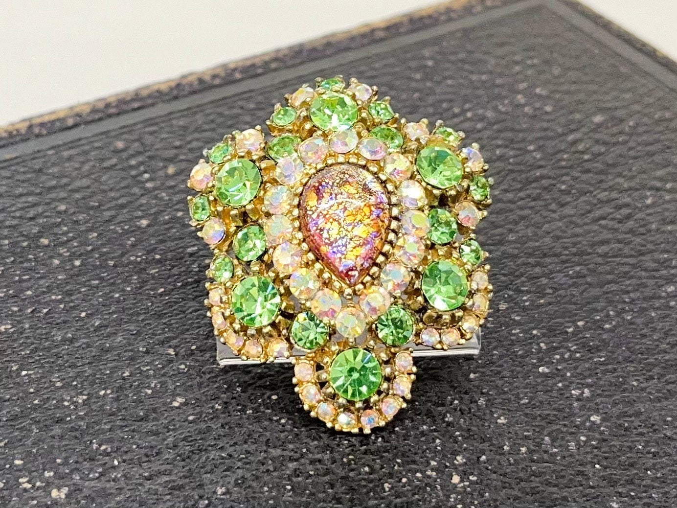 Statement Green Uranium Glass Crystal Brooch Gold Tone with a Dichroic Opal Centre UV Reactive Glow Vintage Victorian Style Jewellery TheGreenGlassGemShop